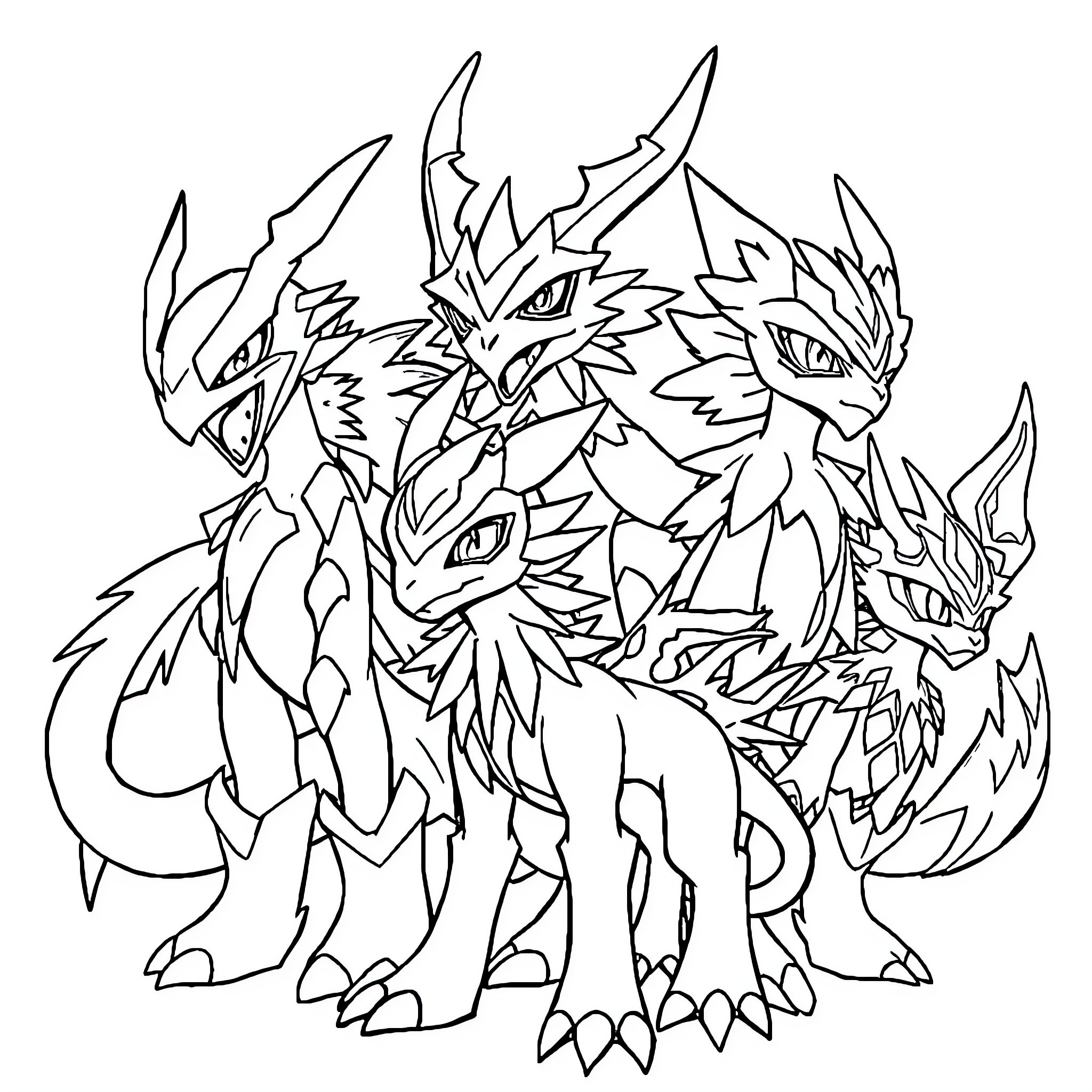Digimon Creatures Unleashed in Epic Battle Stance Coloring Page (free black-and-white line drawing printable PDF for all, from beginners to advanced learners, including children, teens, adults, and seniors)
