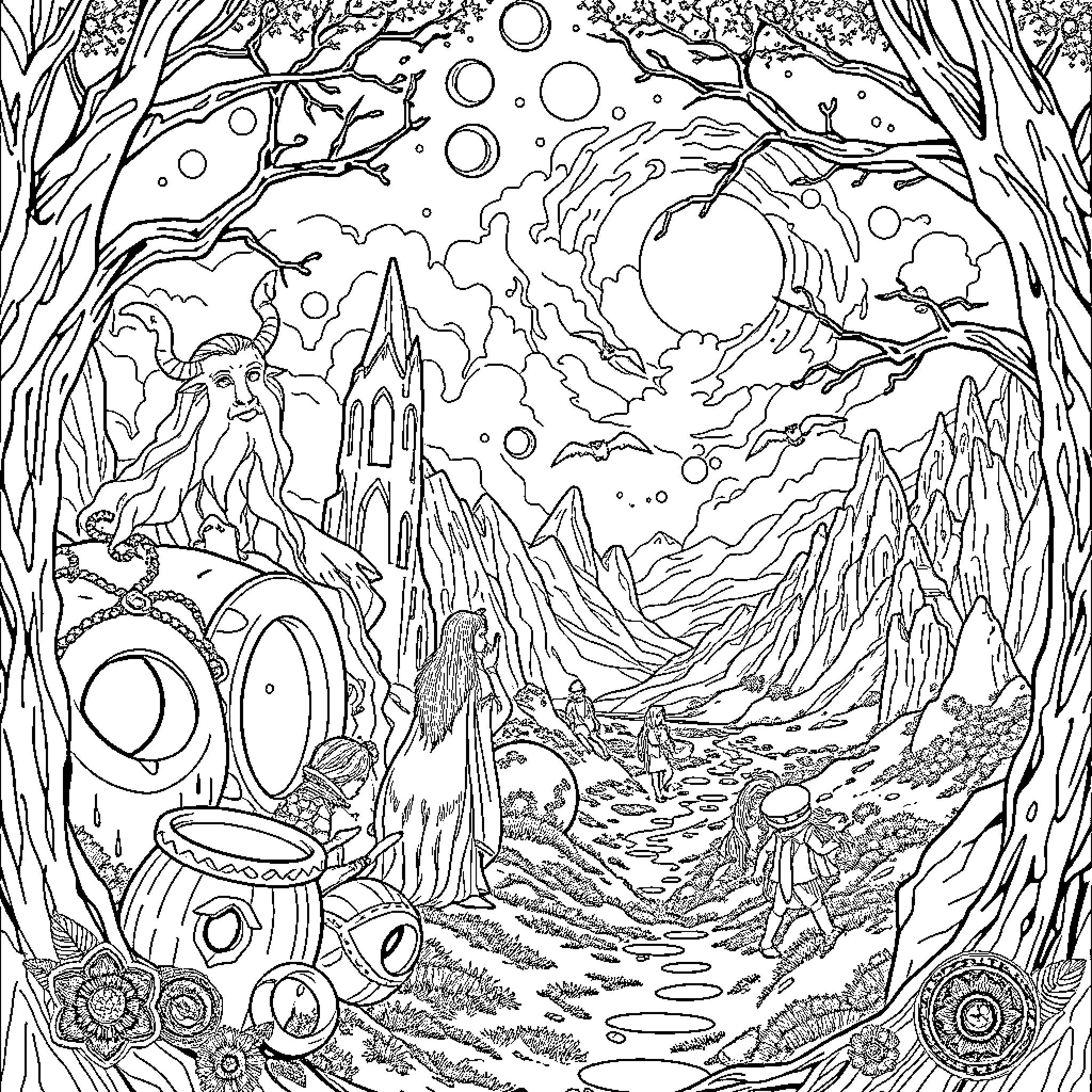 Lord of the Rings: Fantastical Landscapes and Enchanting Figures Coloring Page (free black-and-white line drawing printable PDF for all, from beginners to advanced learners, including children, teens, adults, and seniors)