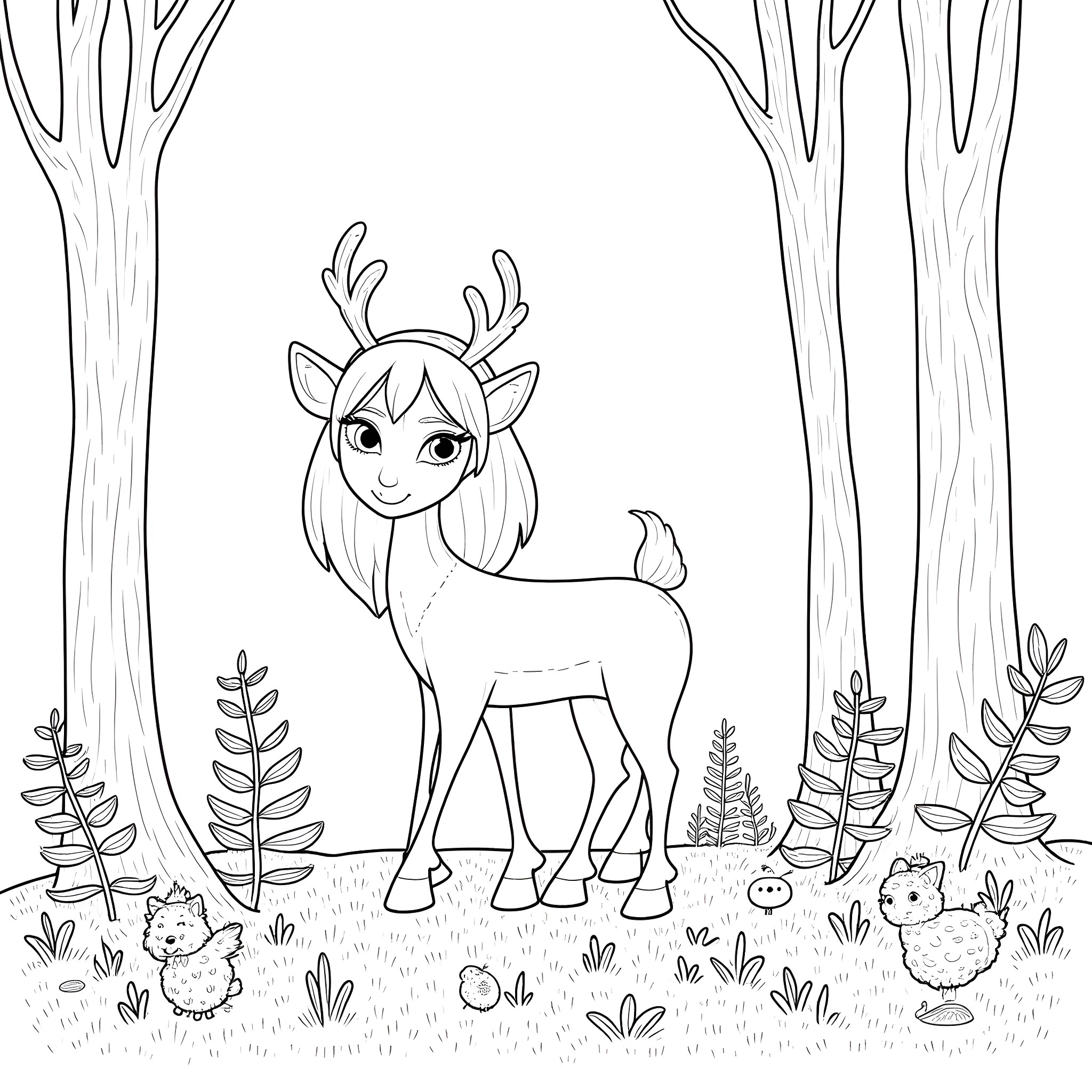 Elven Girl with Deer-like Features in Magical Forest Coloring Page (free black-and-white line drawing printable PDF for all, from beginners to advanced learners, including children, teens, adults, and seniors)