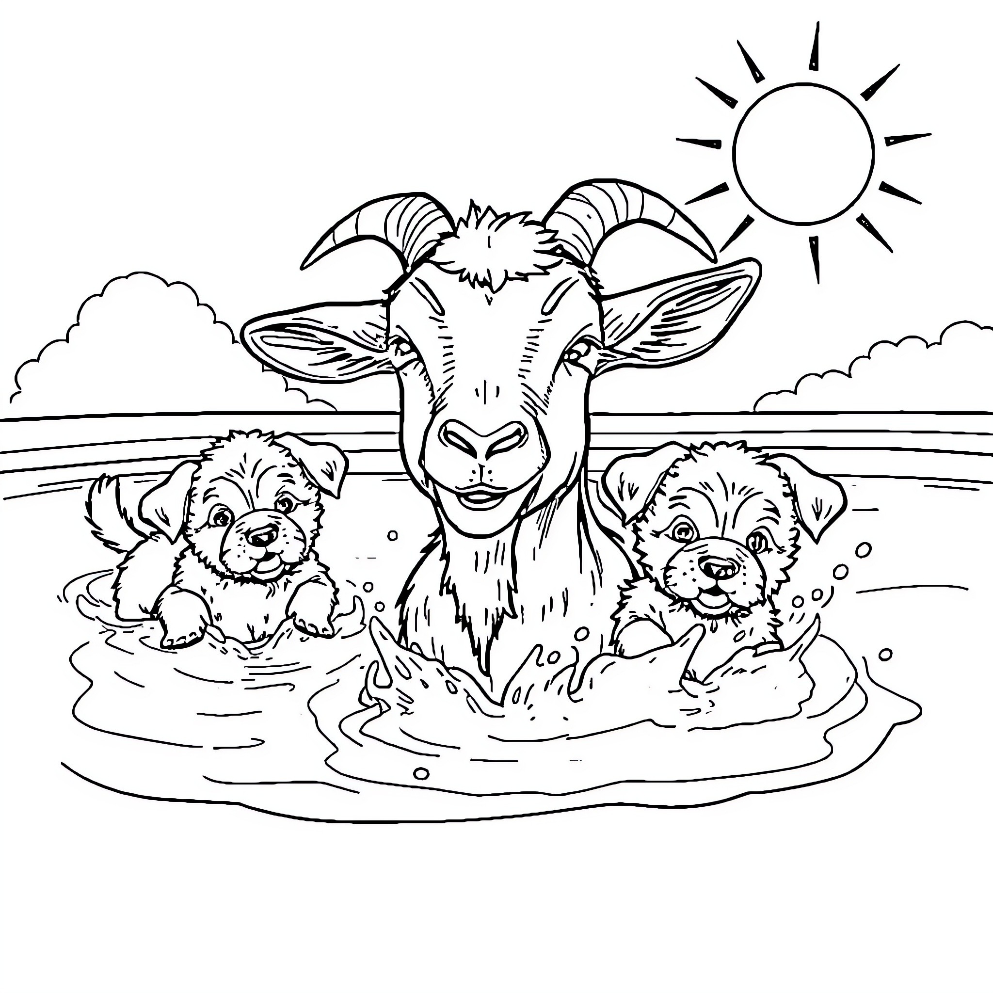 Goat enjoying a sunny day with playful puppies Coloring Page (free black-and-white line drawing printable PDF for all, from beginners to advanced learners, including children, teens, adults, and seniors)