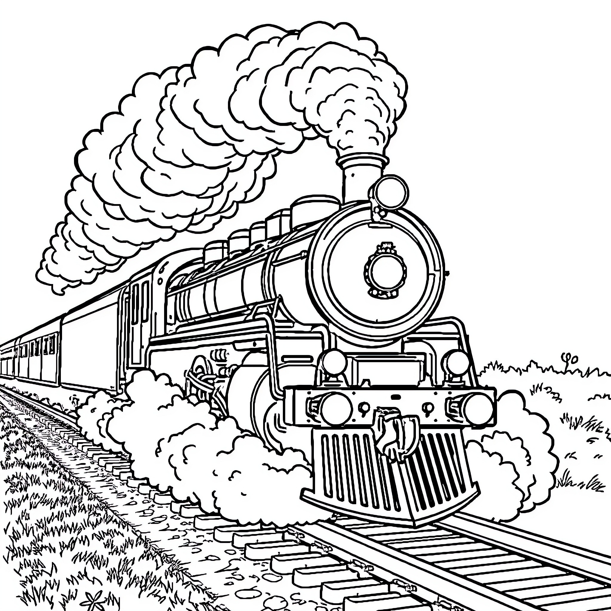 Steam Train Speeding Through the Countryside Coloring Page (free black-and-white line drawing printable PDF for all, from beginners to advanced learners, including children, teens, adults, and seniors)