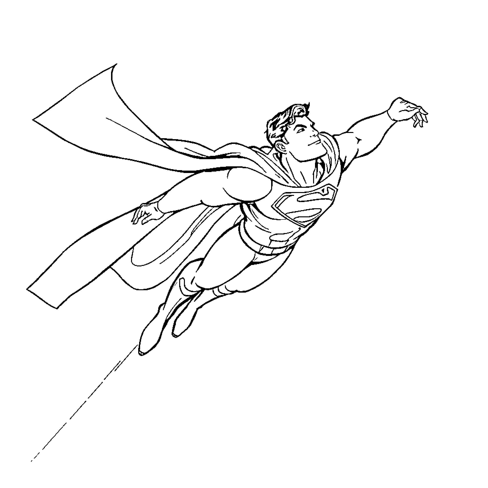Superman soaring in the air with outstretched arms Coloring Page (free black-and-white line drawing printable PDF for all, from beginners to advanced learners, including children, teens, adults, and seniors)