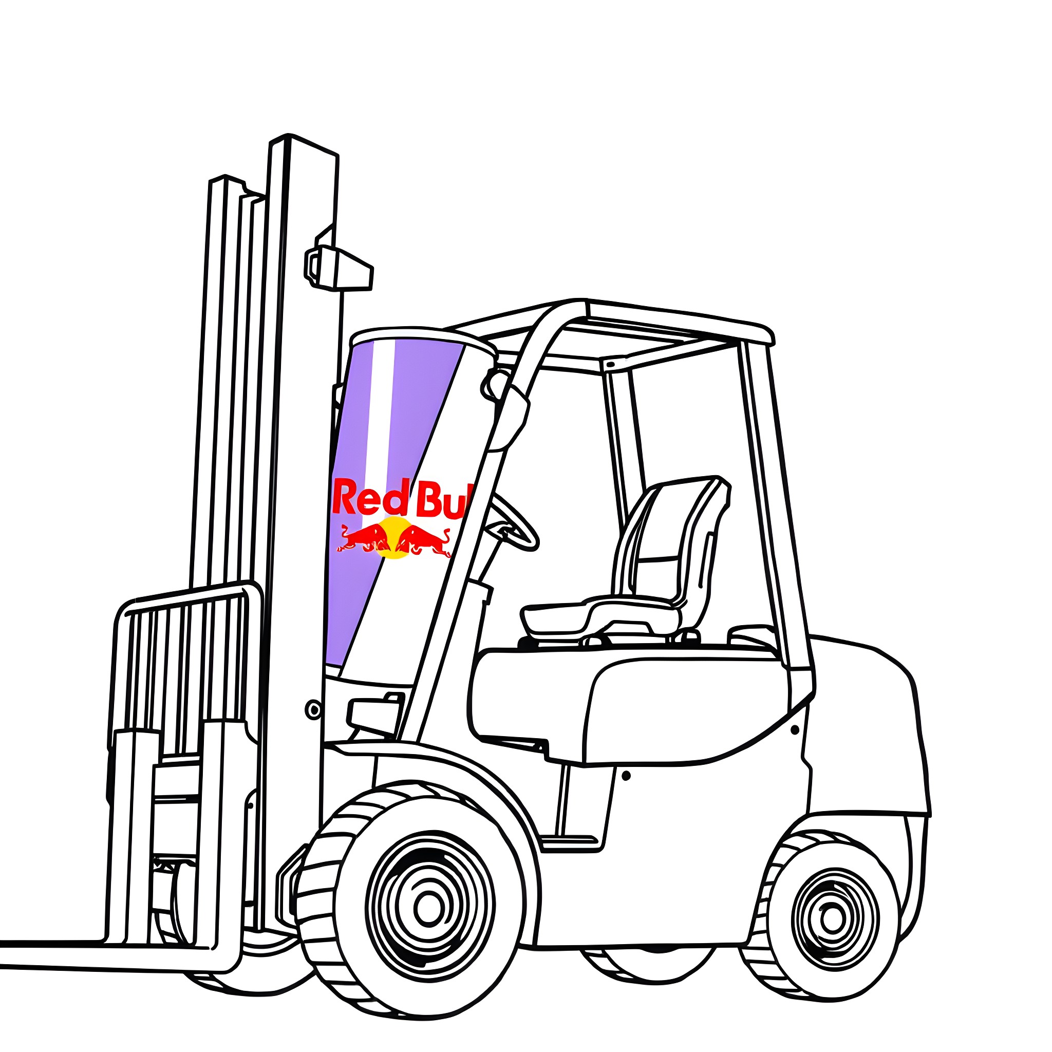 Forklift transporting Red Bull cans Coloring Page (free black-and-white line drawing printable PDF for all, from beginners to advanced learners, including children, teens, adults, and seniors)