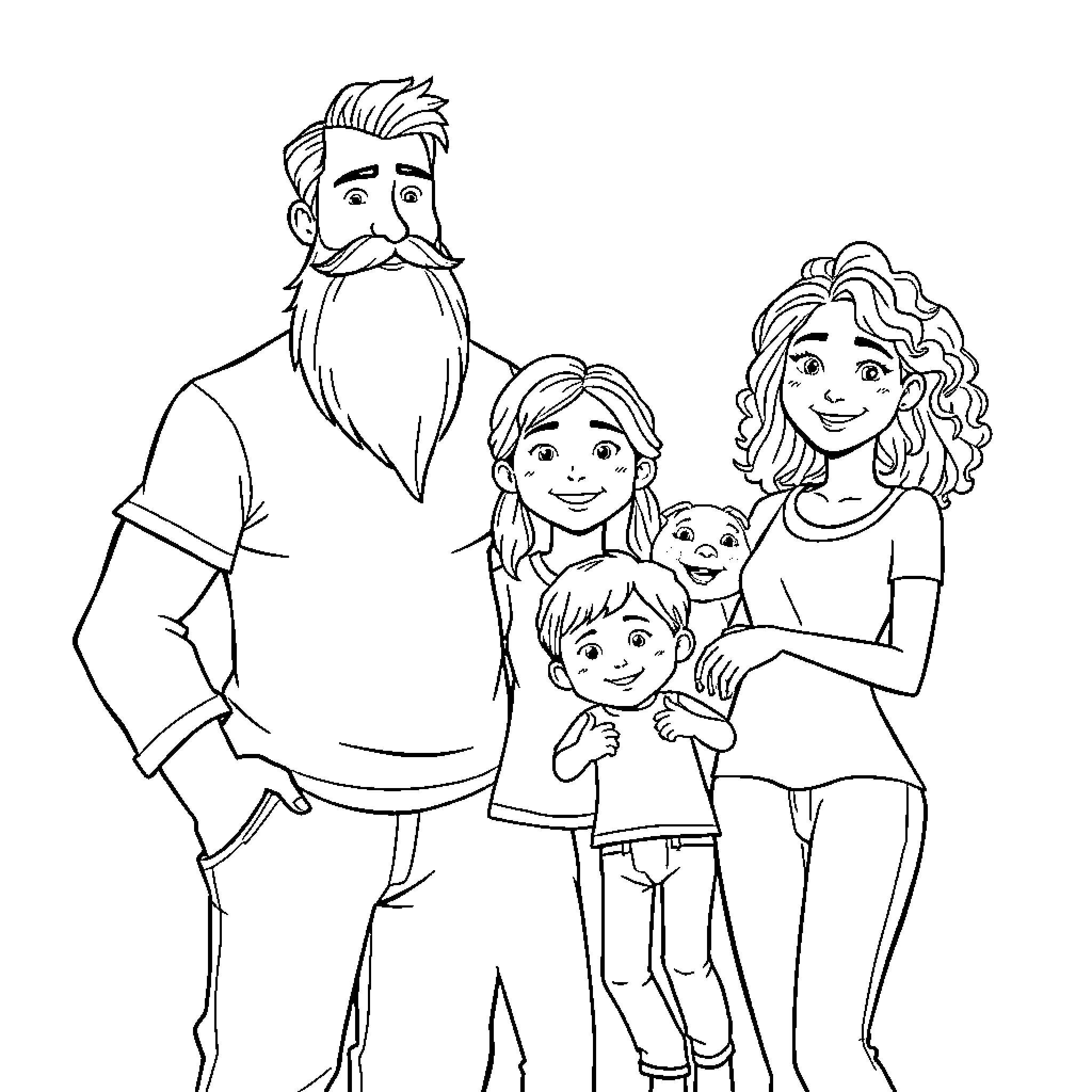 Family Enjoying Playful Time Together Coloring Page (free black-and-white line drawing printable PDF for all, from beginners to advanced learners, including children, teens, adults, and seniors)