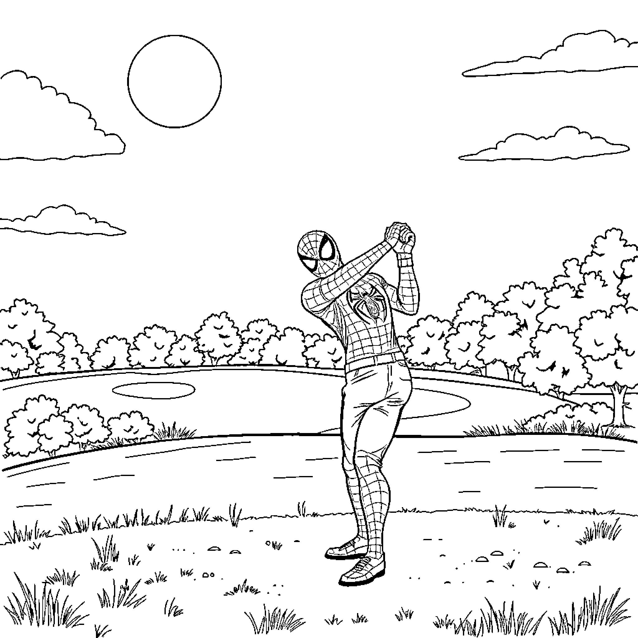 Spiderman swinging through a peaceful park Coloring Page (free black-and-white line drawing printable PDF for all, from beginners to advanced learners, including children, teens, adults, and seniors)