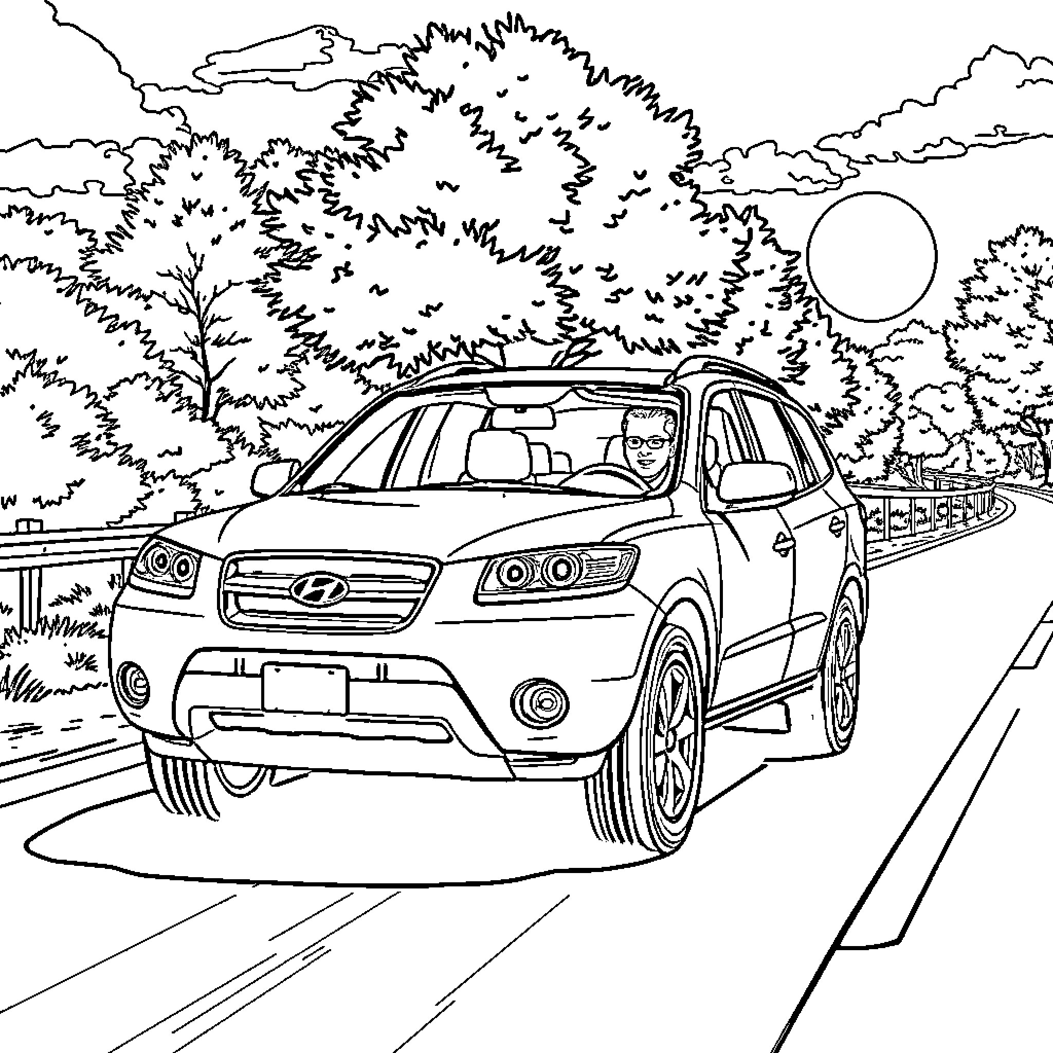 Car driving along road surrounded by trees Coloring Page (free black-and-white line drawing printable PDF for all, from beginners to advanced learners, including children, teens, adults, and seniors)