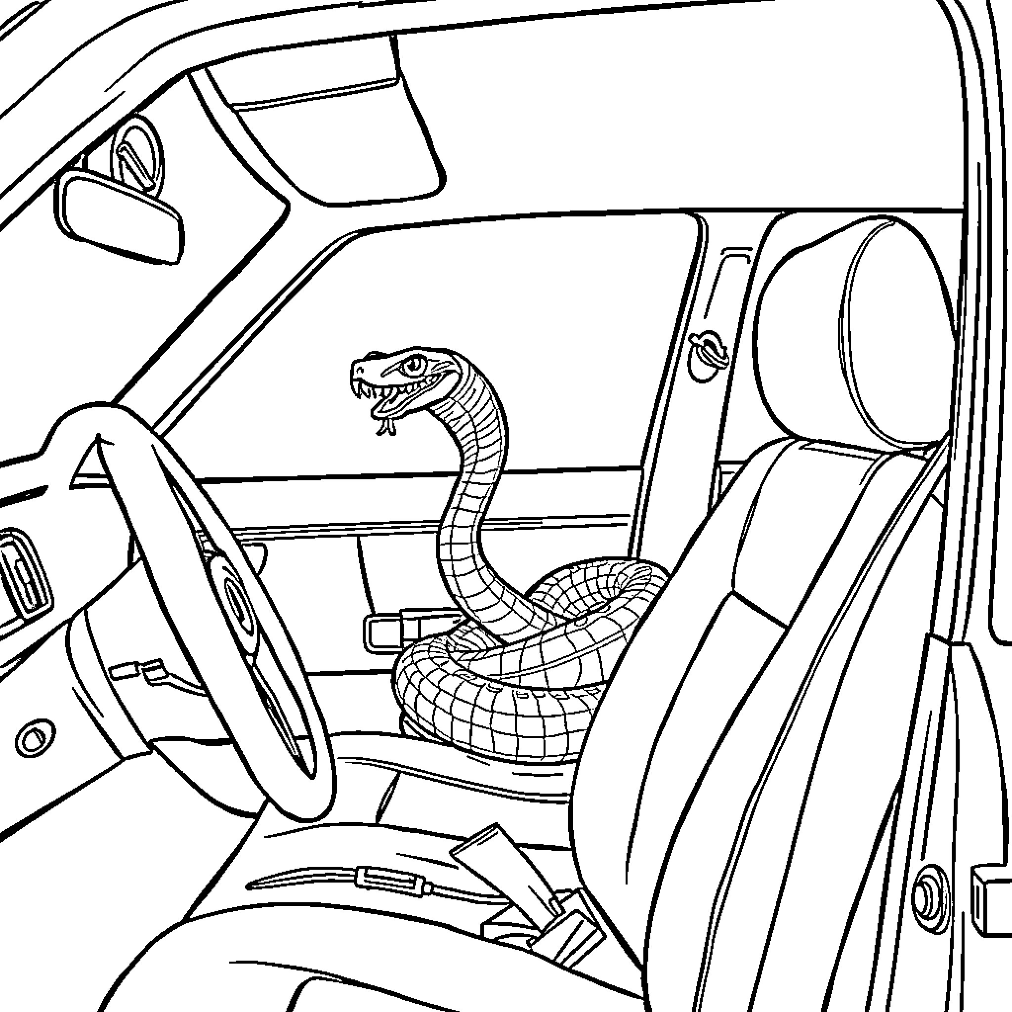 Snake Surprises Driver in Parked Car Coloring Page (free black-and-white line drawing printable PDF for all, from beginners to advanced learners, including children, teens, adults, and seniors)