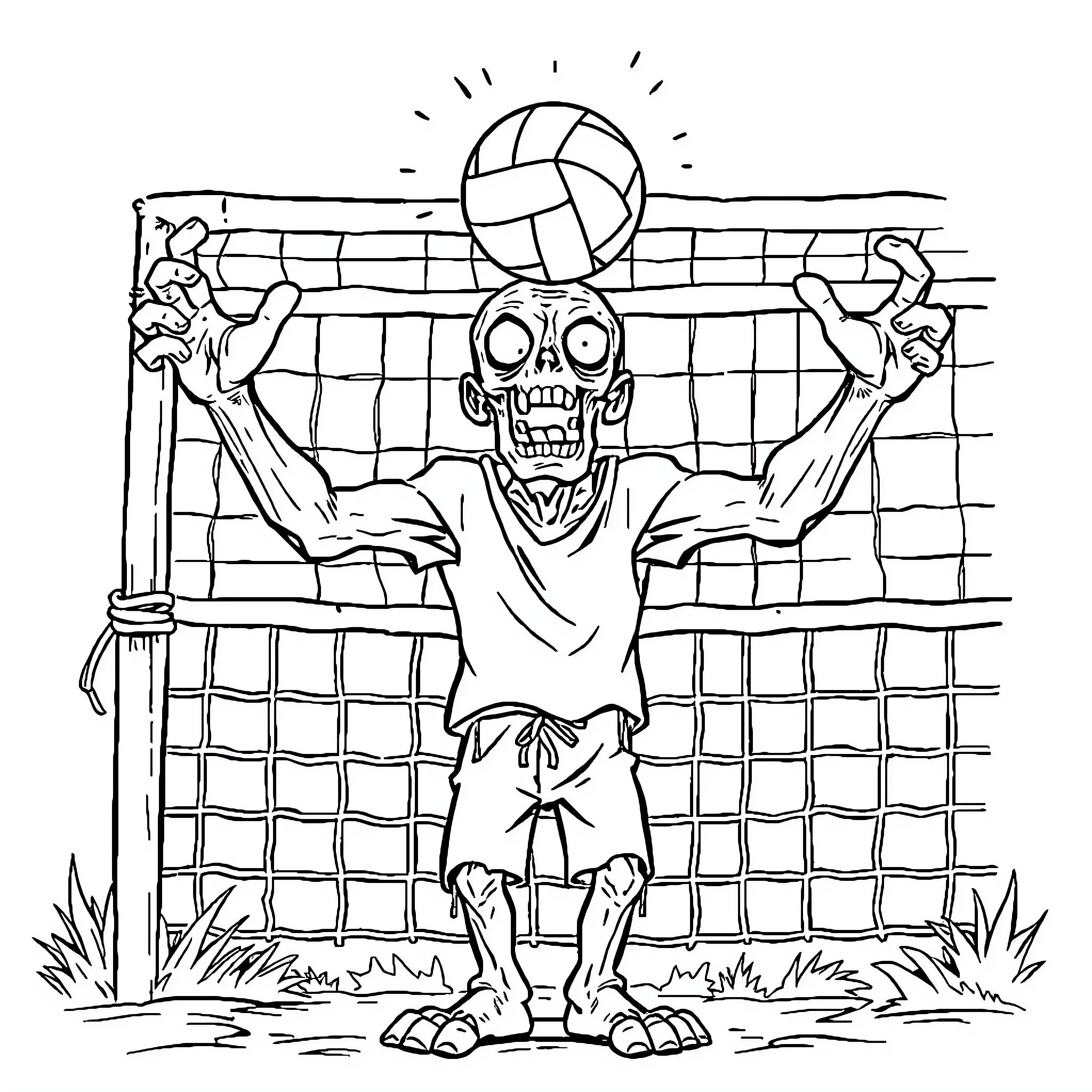 Zombie Volleyball Player Celebrating Victory on Court Coloring Page (free black-and-white line drawing printable PDF for all, from beginners to advanced learners, including children, teens, adults, and seniors)