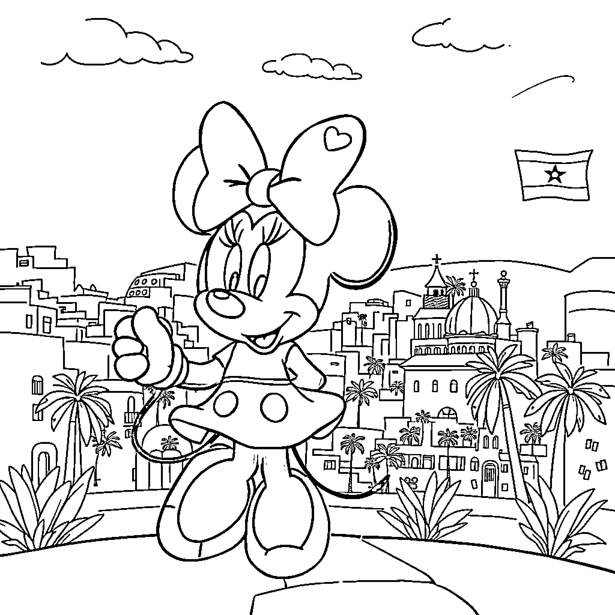 Minnie Mouse exploring the city skyline Coloring Page (free black-and-white line drawing printable PDF for all, from beginners to advanced learners, including children, teens, adults, and seniors)