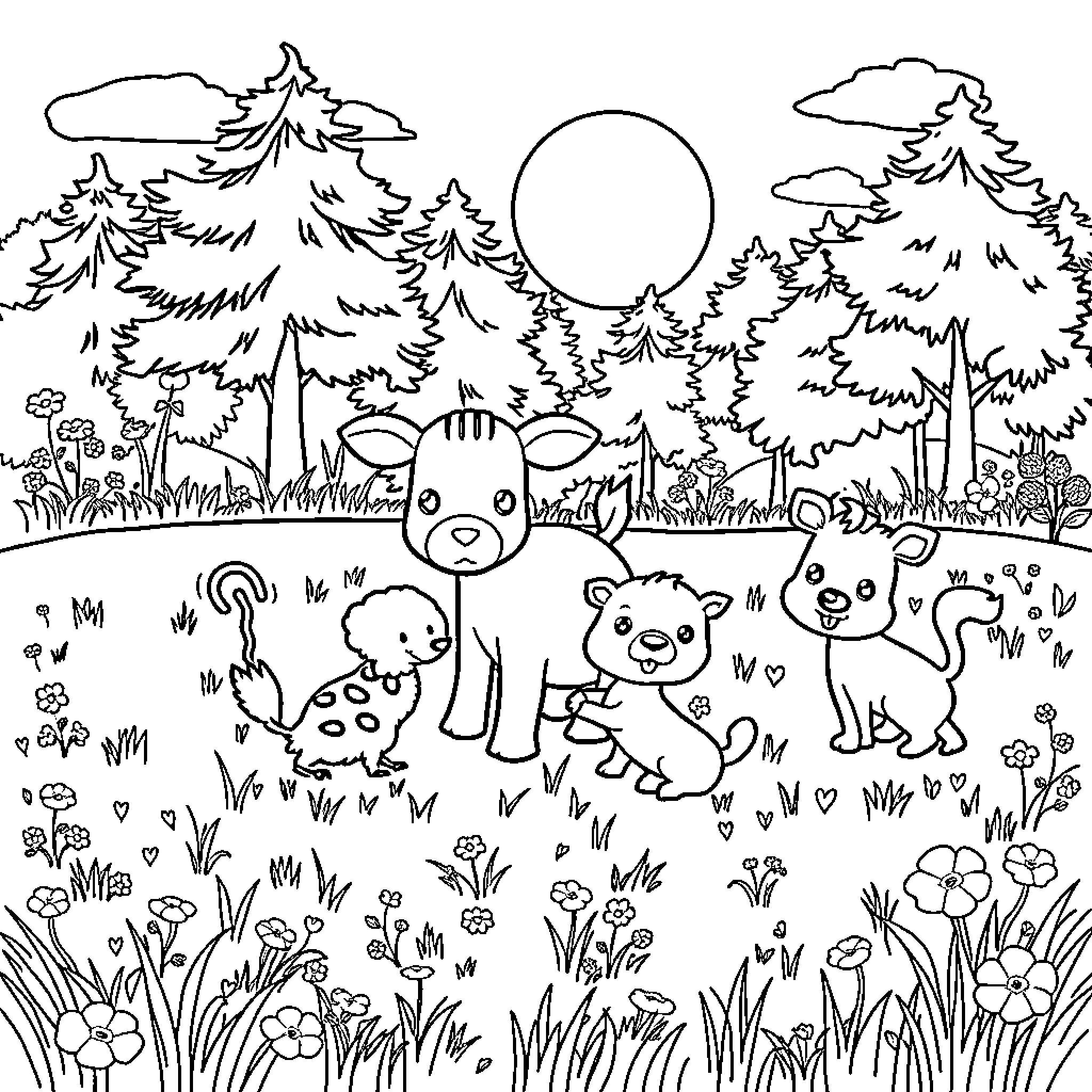 Animal family exploring nature in the woods Coloring Page (free black-and-white line drawing printable PDF for all, from beginners to advanced learners, including children, teens, adults, and seniors)