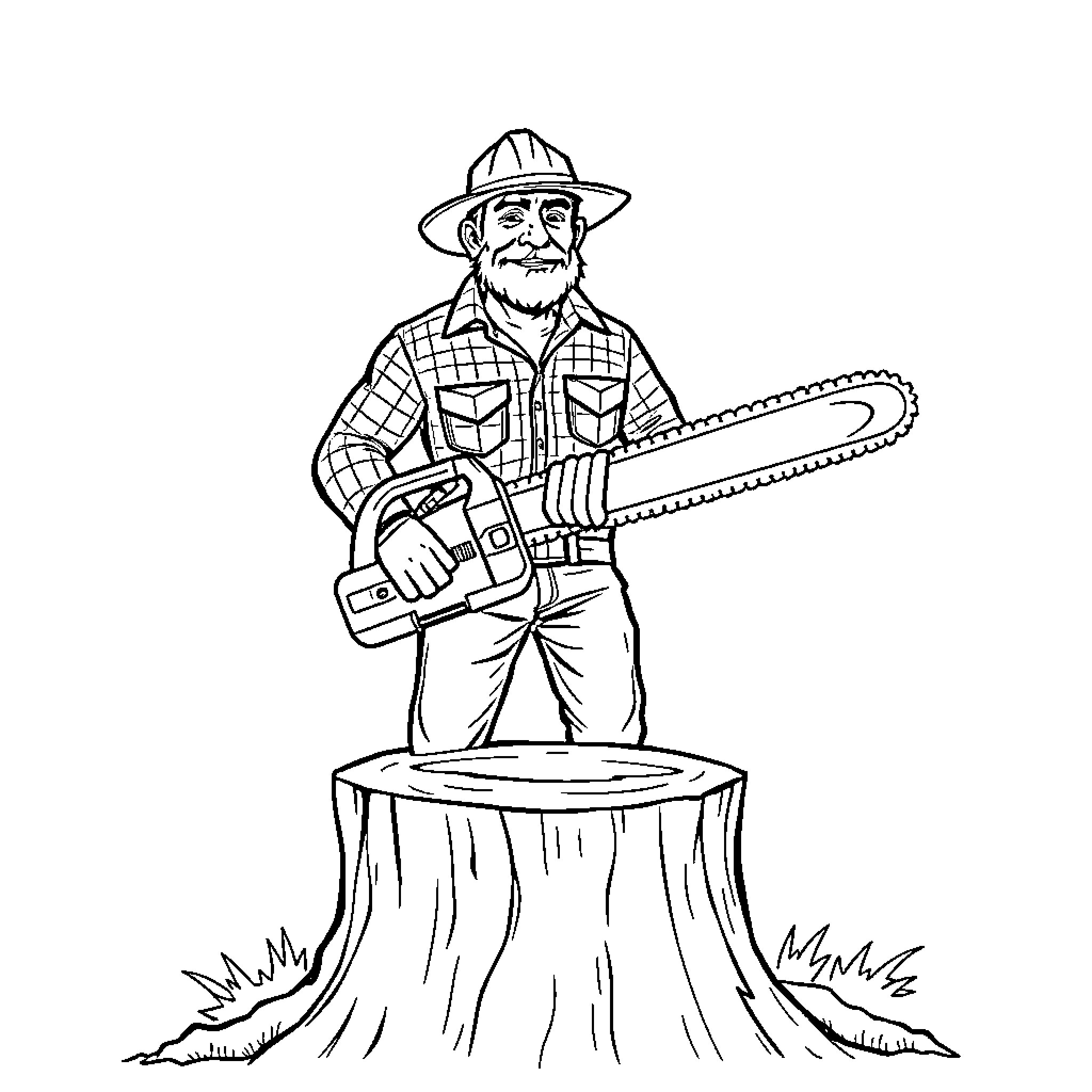 Logger operating chainsaw on tree stump Coloring Page (free black-and-white line drawing printable PDF for all, from beginners to advanced learners, including children, teens, adults, and seniors)