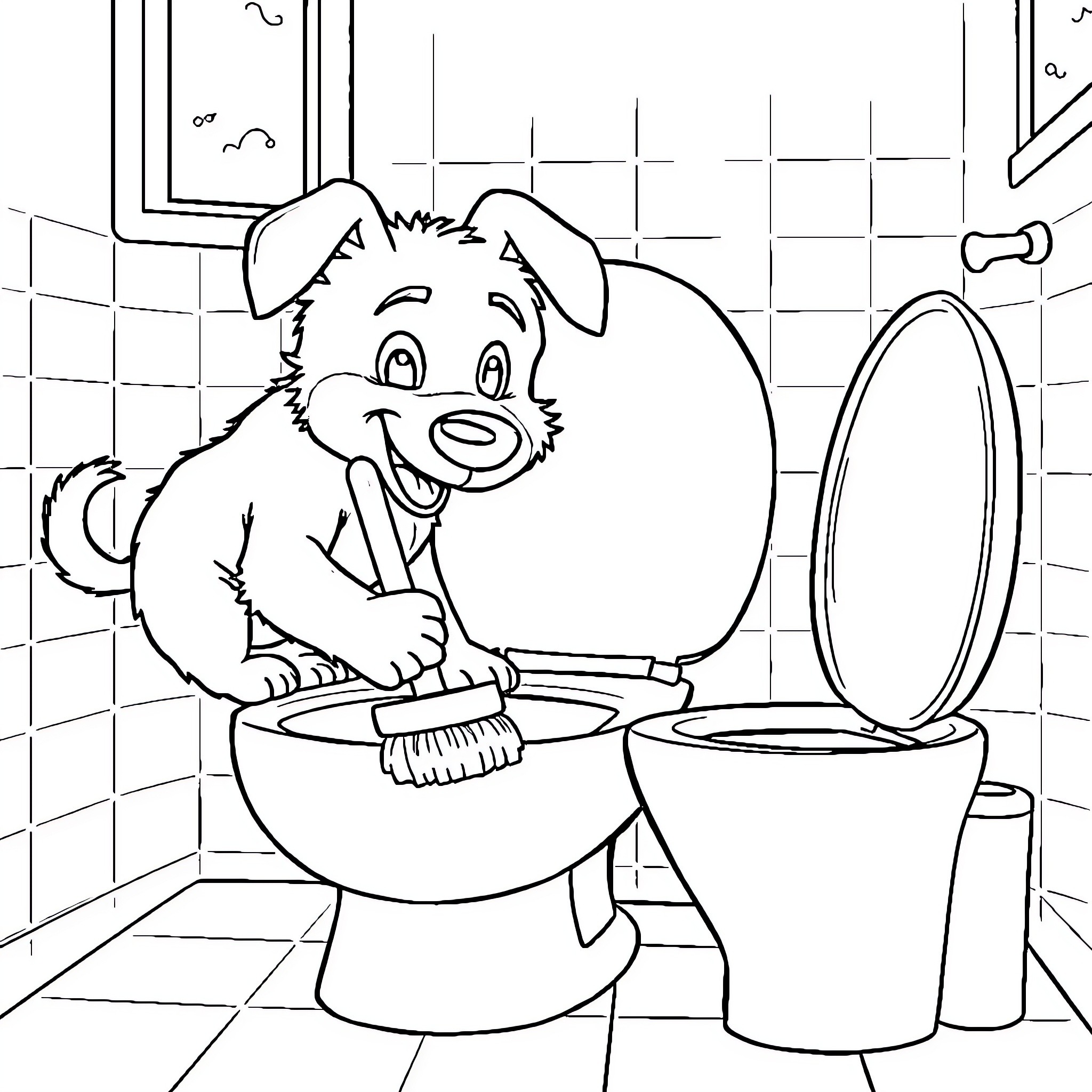 Bluey cleaning up the bathroom Coloring Page (free black-and-white line drawing printable PDF for all, from beginners to advanced learners, including children, teens, adults, and seniors)