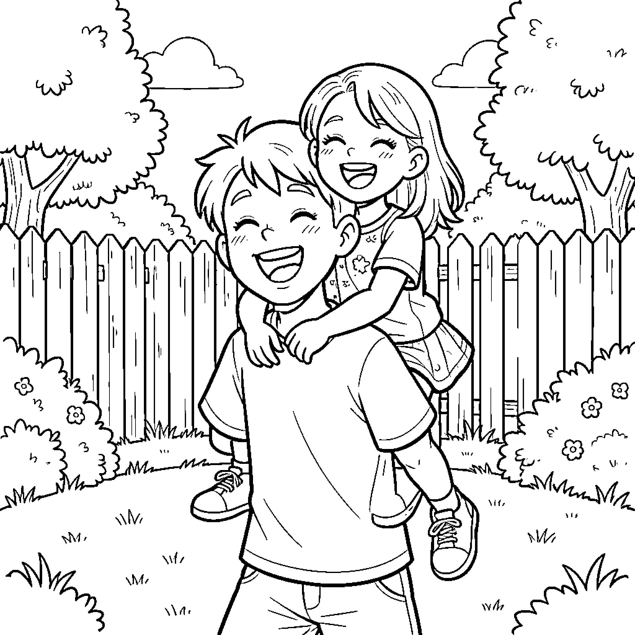 Siblings enjoying a sunny day outdoors Coloring Page (free black-and-white line drawing printable PDF for all, from beginners to advanced learners, including children, teens, adults, and seniors)