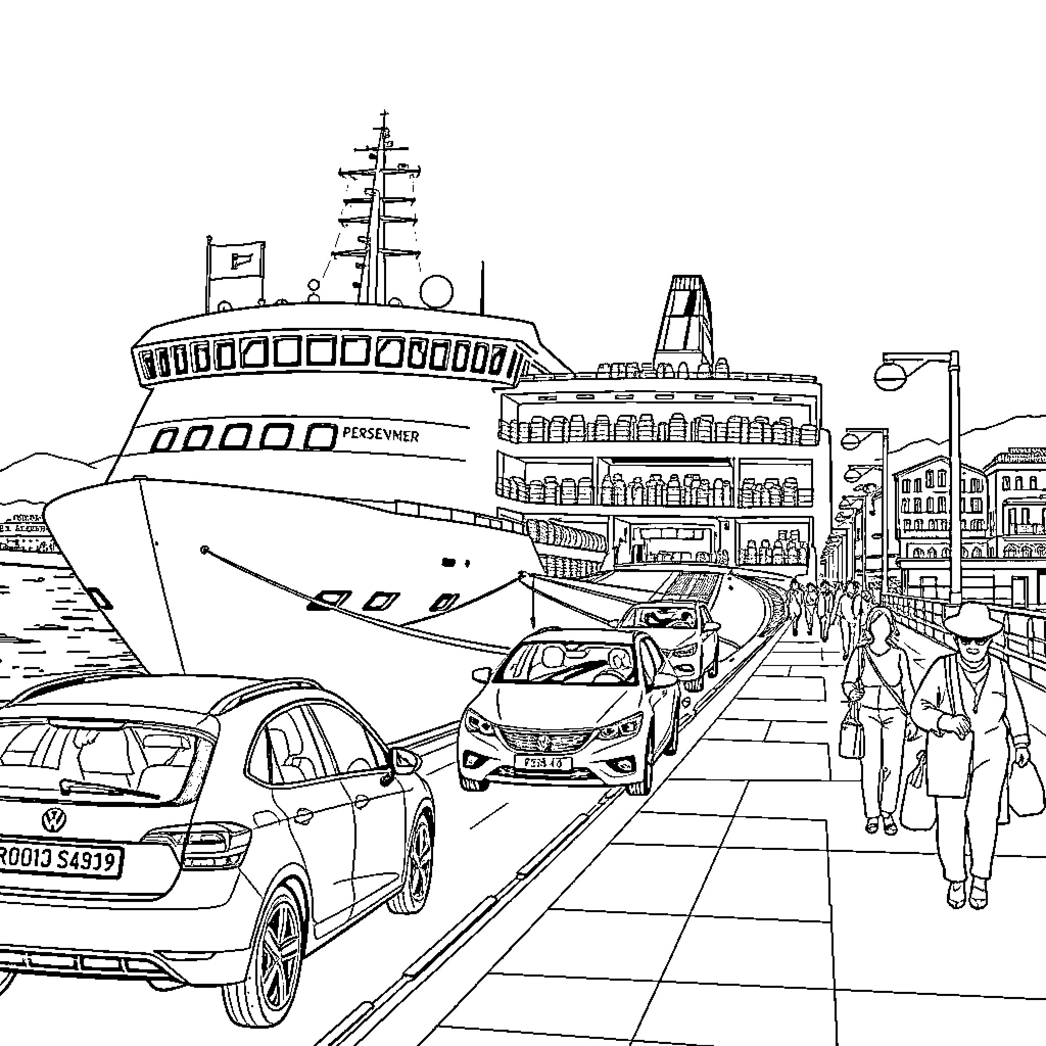 Vessel docked at a bustling urban harbor Coloring Page (free black-and-white line drawing printable PDF for all, from beginners to advanced learners, including children, teens, adults, and seniors)