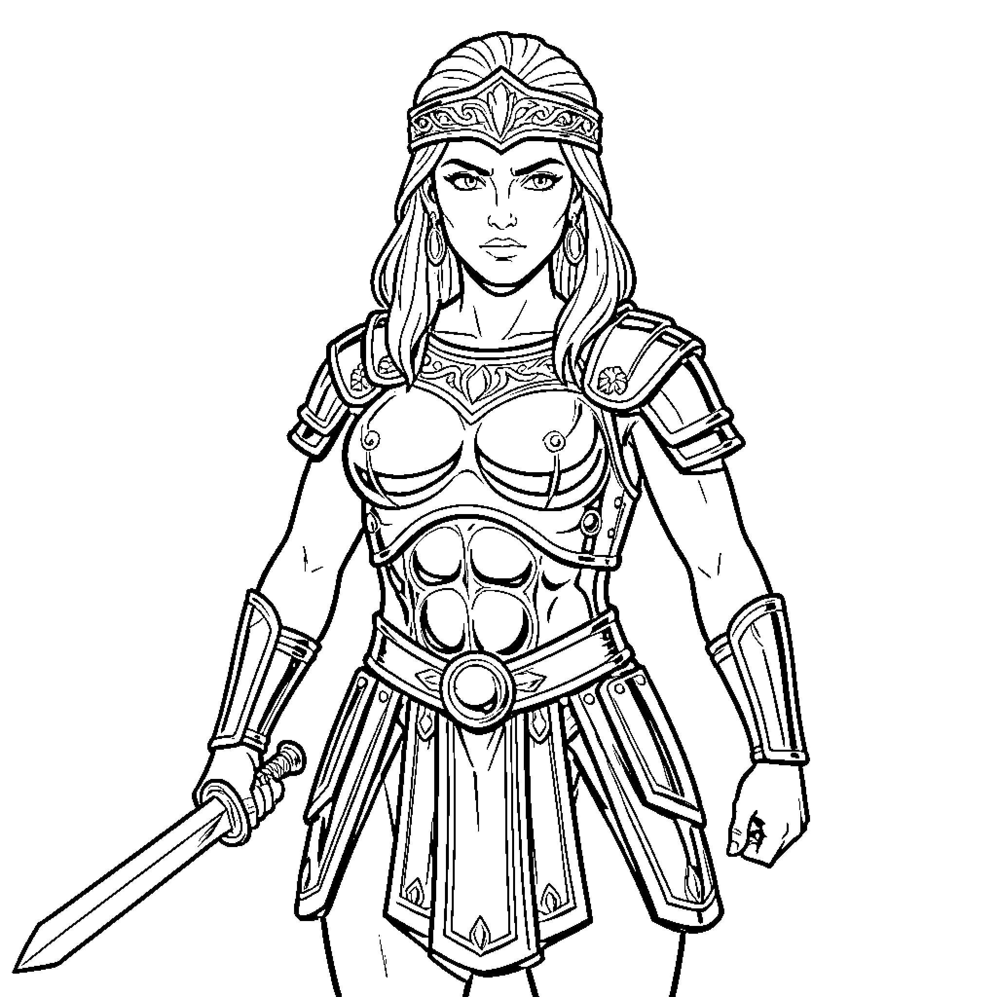 Warrior Woman in Fierce Battle Stance Coloring Page (free black-and-white line drawing printable PDF for all, from beginners to advanced learners, including children, teens, adults, and seniors)