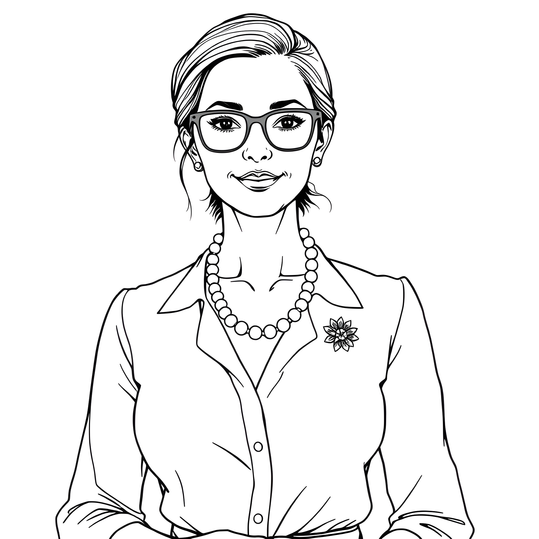 Teacher with glasses and pearls in formal attire Coloring Page (free black-and-white line drawing printable PDF for all, from beginners to advanced learners, including children, teens, adults, and seniors)