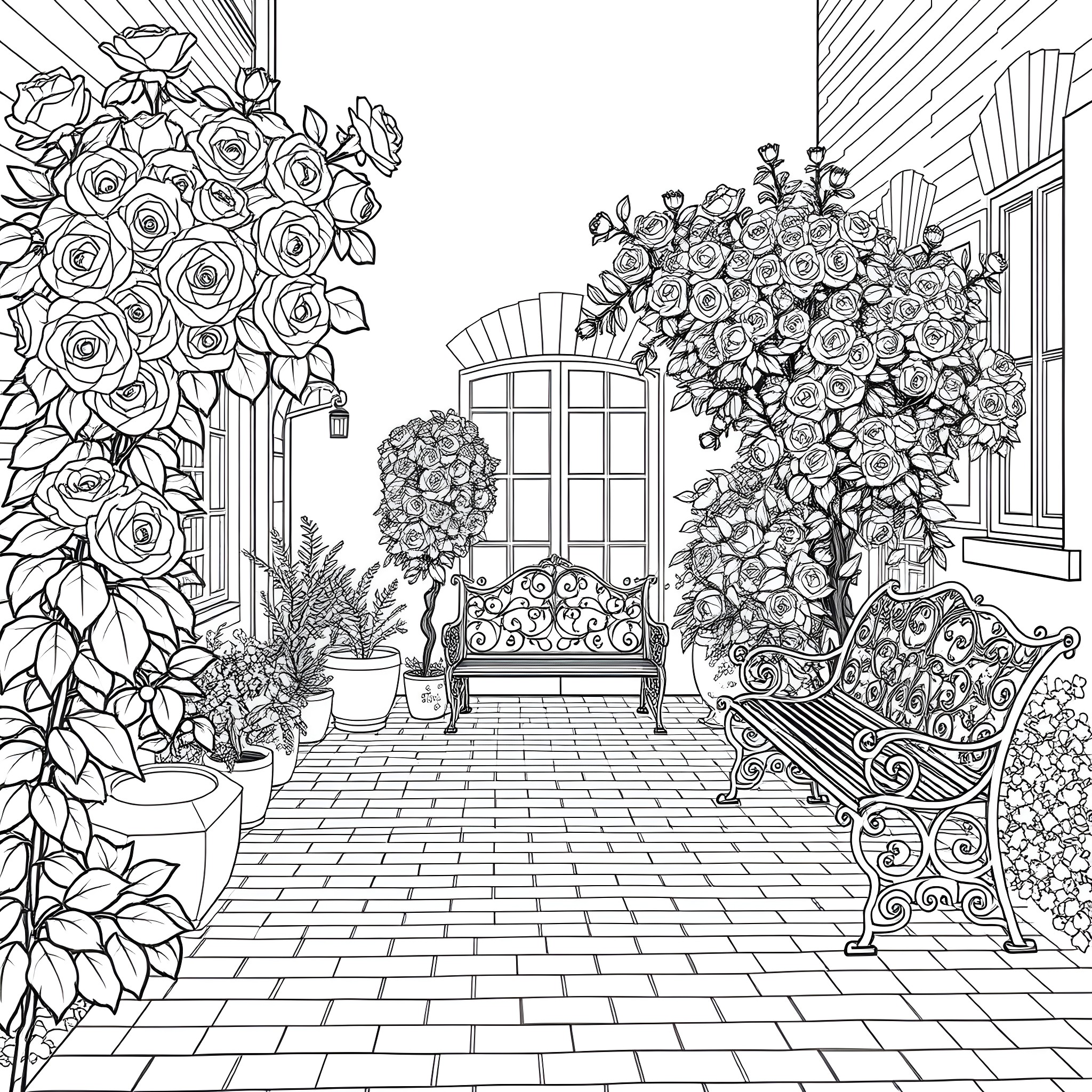 Rose-Filled Outdoor Wonderland Coloring Page (free black-and-white line drawing printable PDF for all, from beginners to advanced learners, including children, teens, adults, and seniors)
