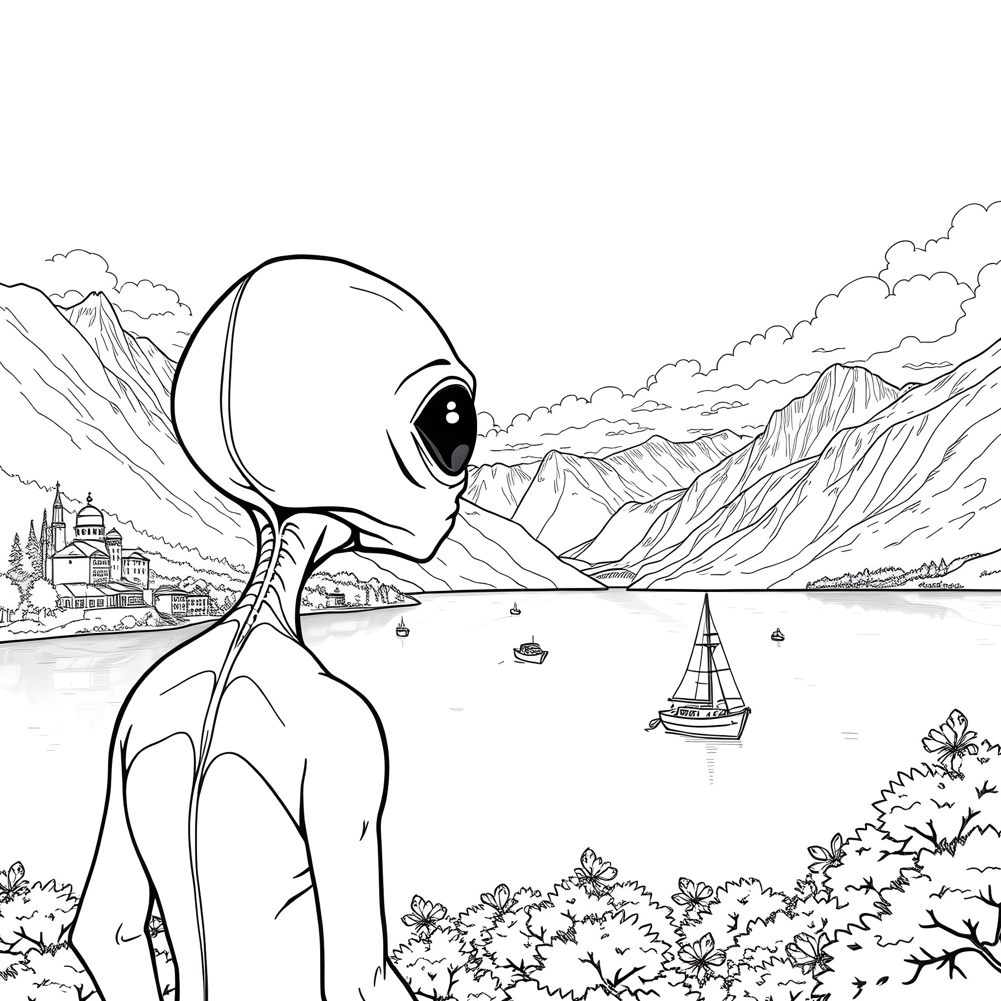 Alien enjoying the serene landscape overlooking a coastal town Coloring Page (free black-and-white line drawing printable PDF for all, from beginners to advanced learners, including children, teens, adults, and seniors)