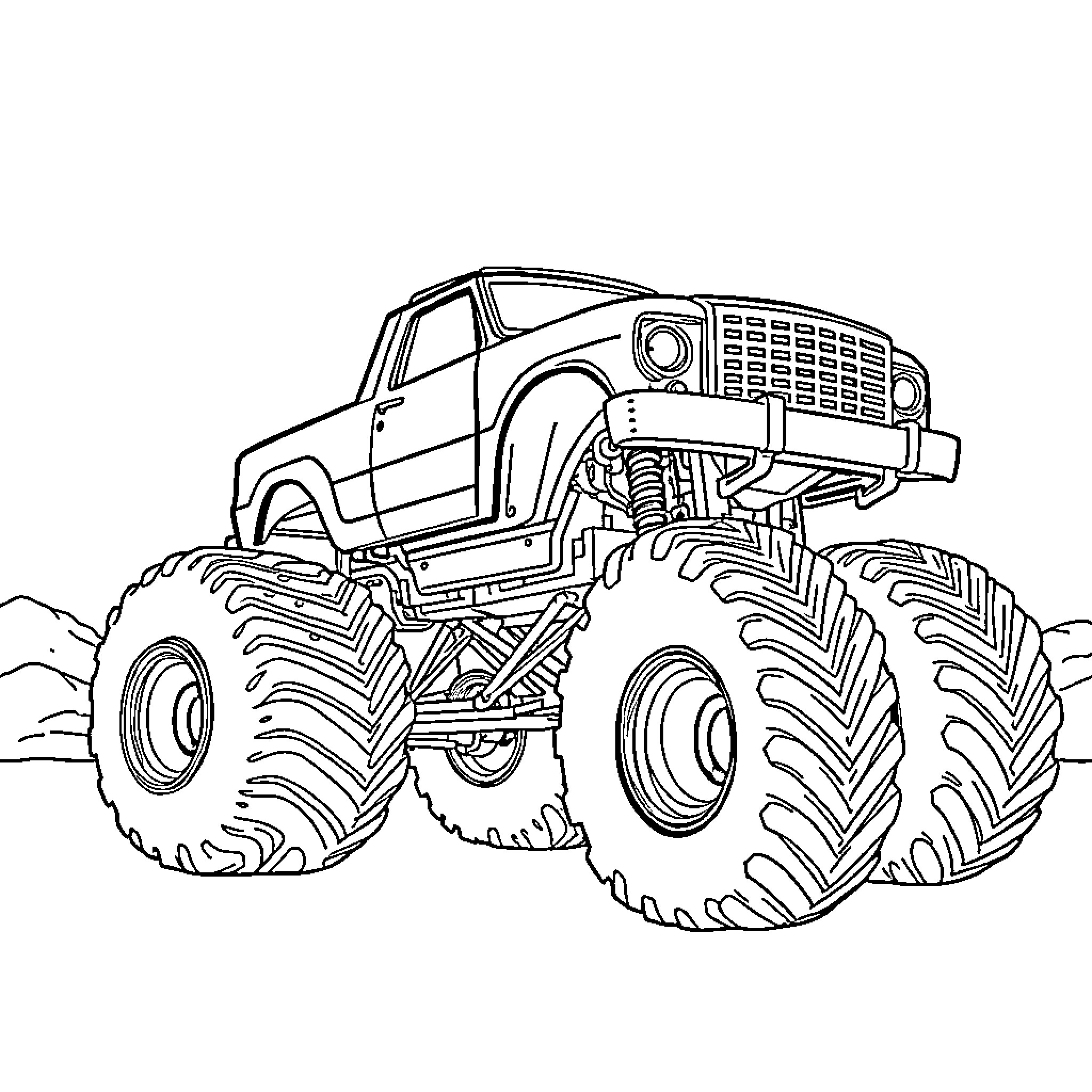 Monster Truck in Adventure Terrain Coloring Page (free black-and-white line drawing printable PDF for all, from beginners to advanced learners, including children, teens, adults, and seniors)
