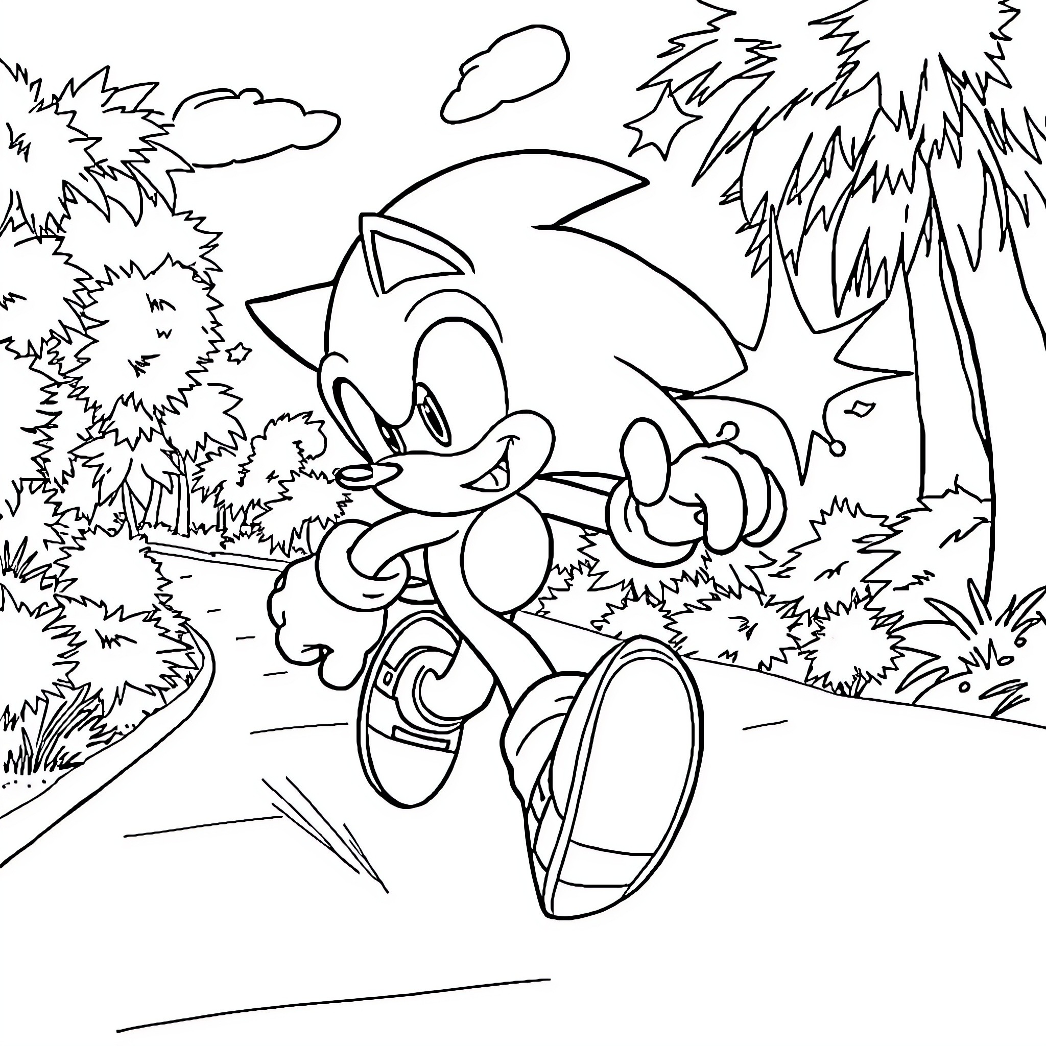 Sonic speeding through a natural landscape Coloring Page (free black-and-white line drawing printable PDF for all, from beginners to advanced learners, including children, teens, adults, and seniors)