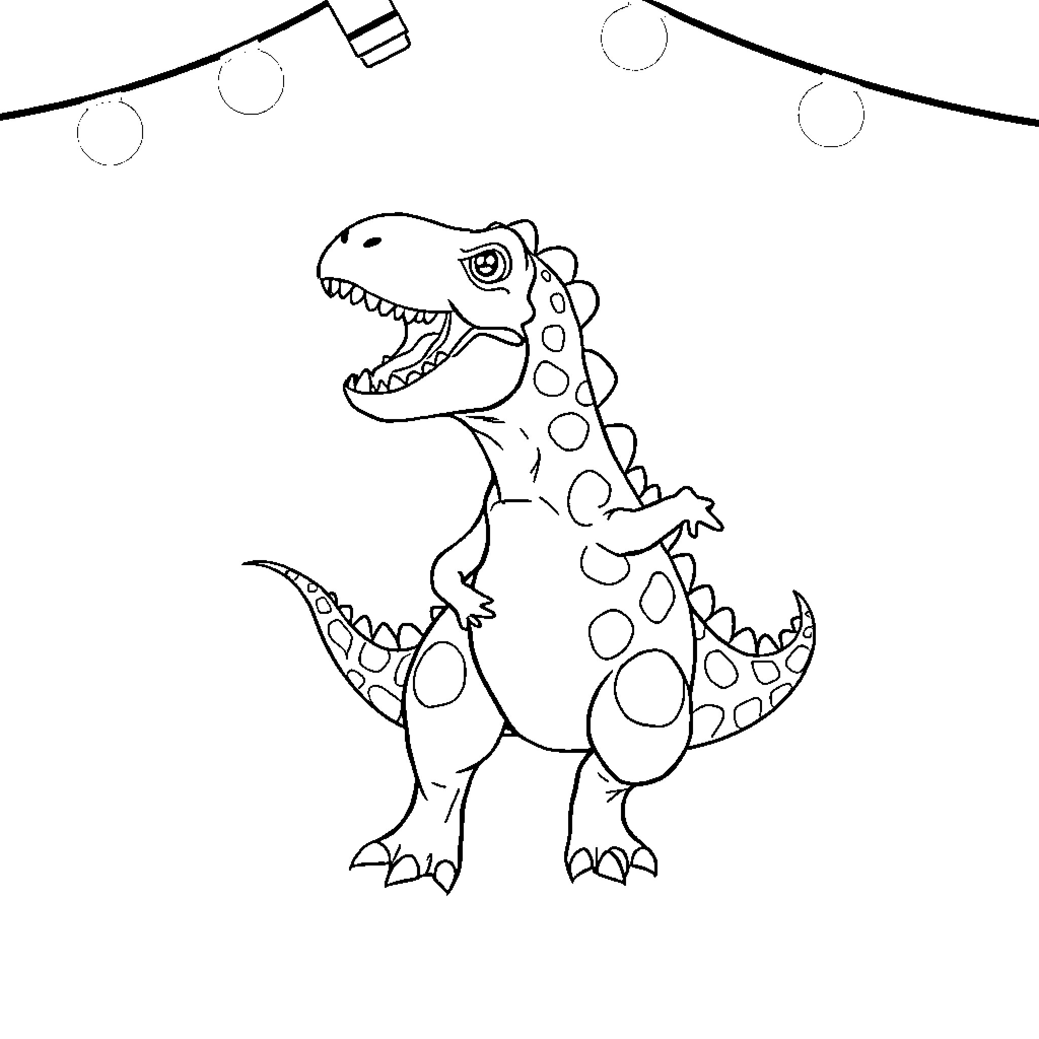 Dinosaur roaring under festive lights Coloring Page (free black-and-white line drawing printable PDF for all, from beginners to advanced learners, including children, teens, adults, and seniors)