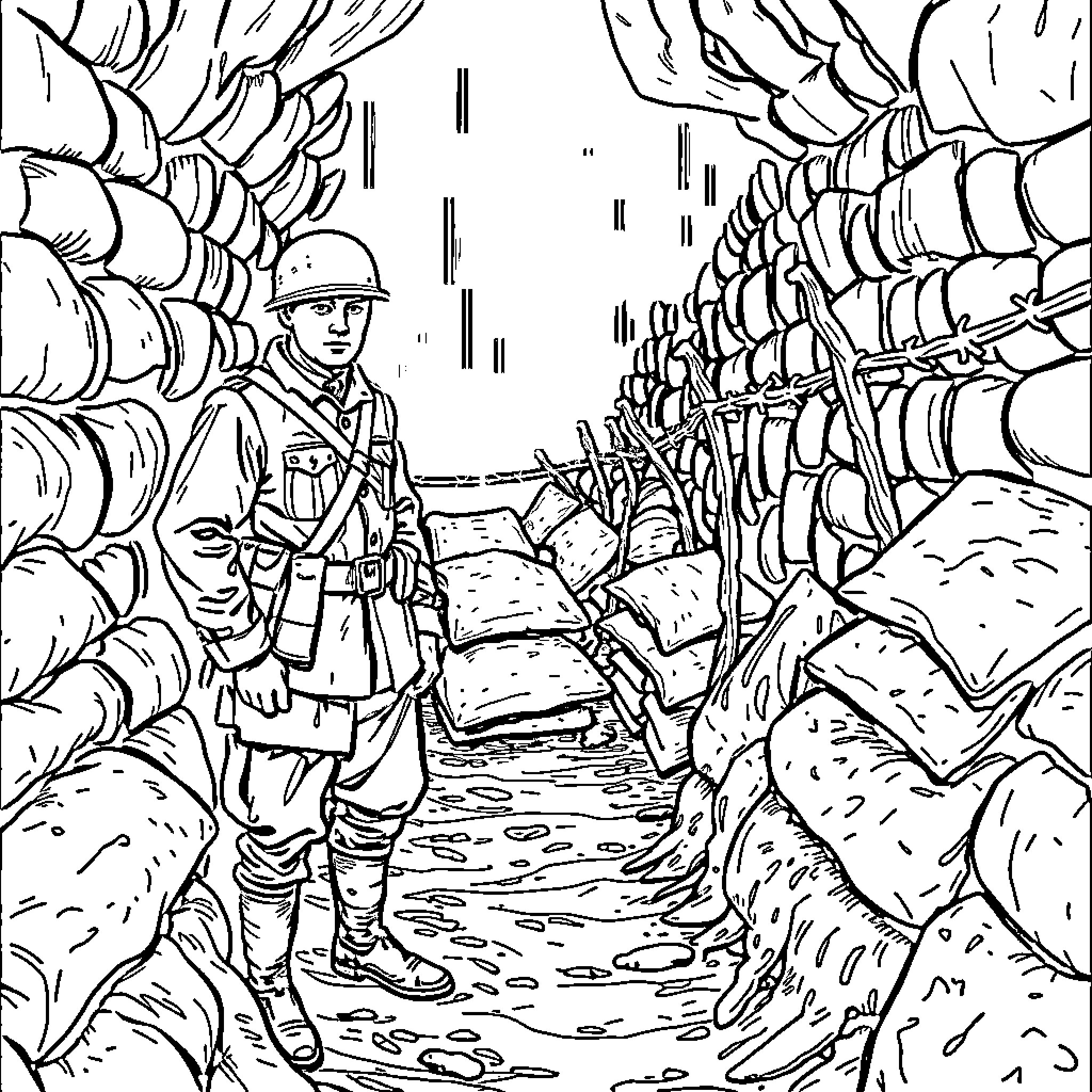 Soldier navigates treacherous battlefield amidst ruins Coloring Page (free black-and-white line drawing printable PDF for all, from beginners to advanced learners, including children, teens, adults, and seniors)