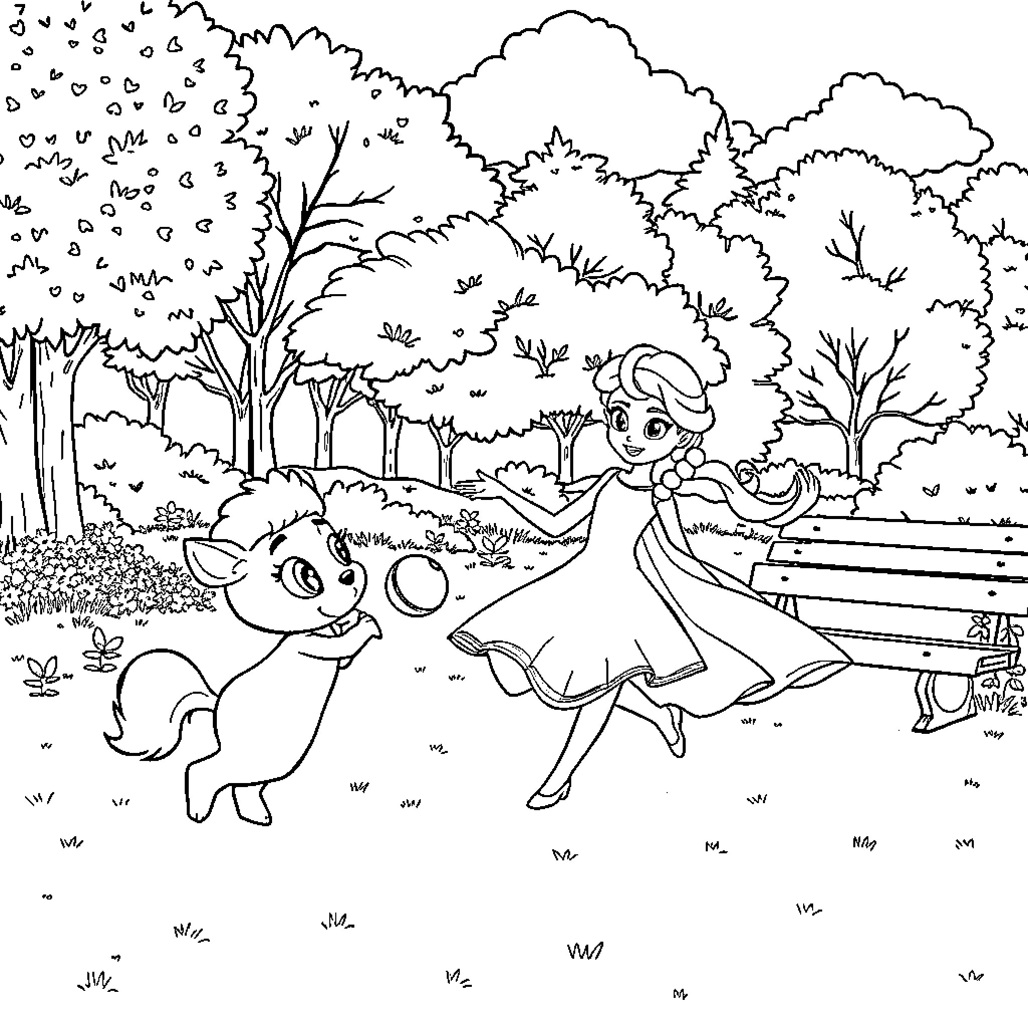 Bluey playing in the park with animal friend Coloring Page (free black-and-white line drawing printable PDF for all, from beginners to advanced learners, including children, teens, adults, and seniors)