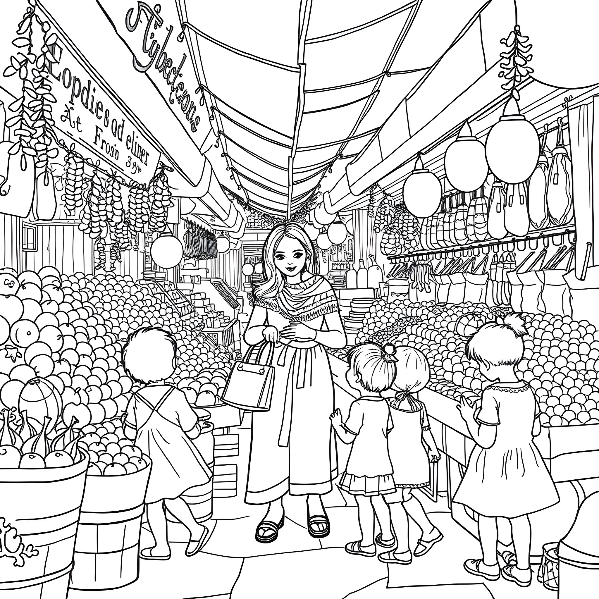 Mom Exploring the Vibrant Market Scene Coloring Page (free black-and-white line drawing printable PDF for all, from beginners to advanced learners, including children, teens, adults, and seniors)