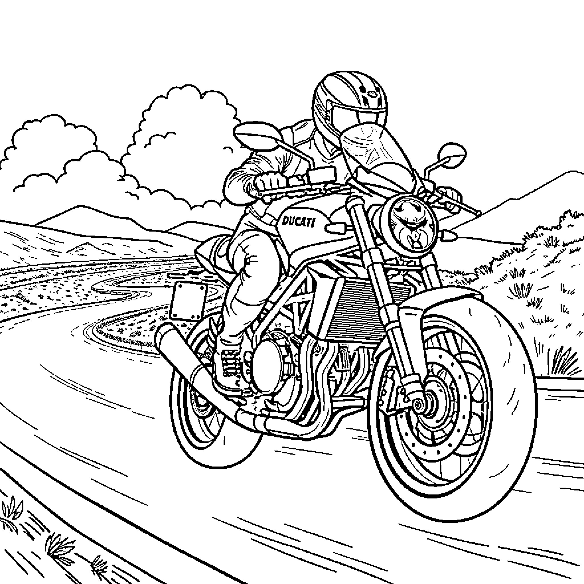 Biker riding custom motorcycle on a winding road Coloring Page (free black-and-white line drawing printable PDF for all, from beginners to advanced learners, including children, teens, adults, and seniors)