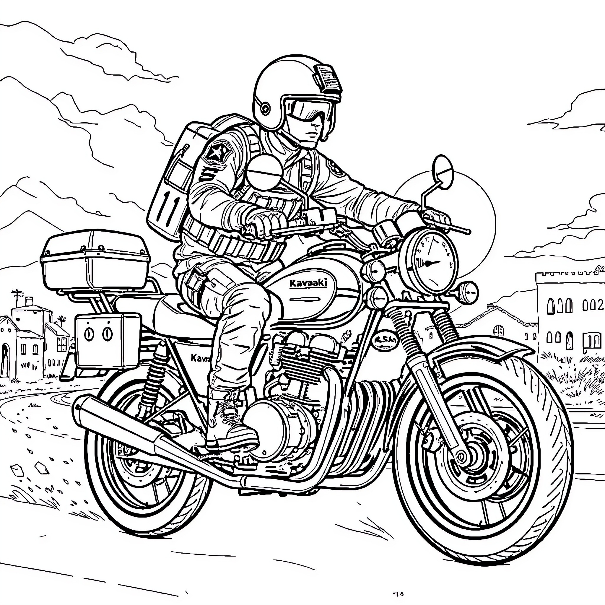 Soldier riding powerful motorcycle through city Coloring Page (free black-and-white line drawing printable PDF for all, from beginners to advanced learners, including children, teens, adults, and seniors)