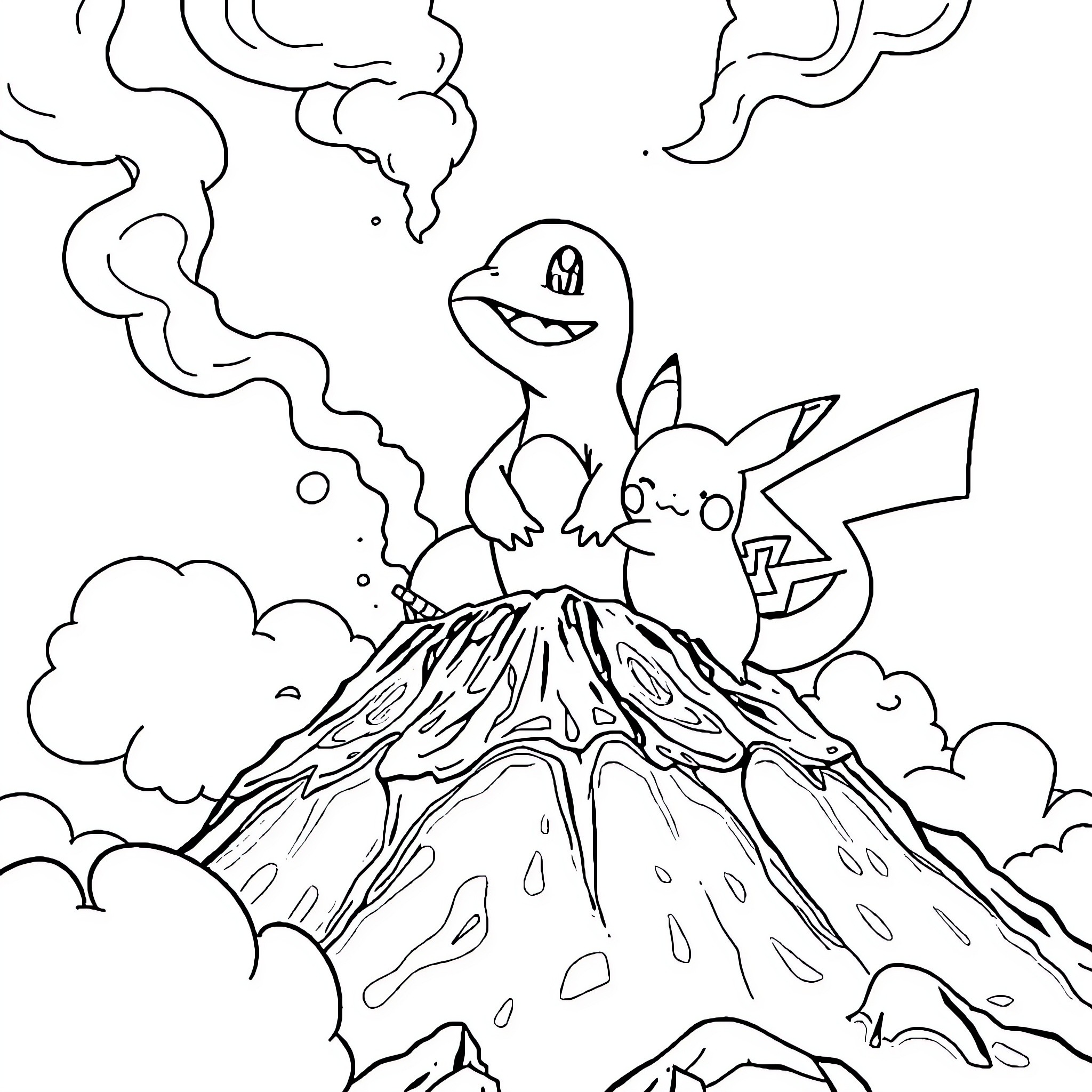 Charmander and Pikachu exploring a volcanic landscape Coloring Page (free black-and-white line drawing printable PDF for all, from beginners to advanced learners, including children, teens, adults, and seniors)