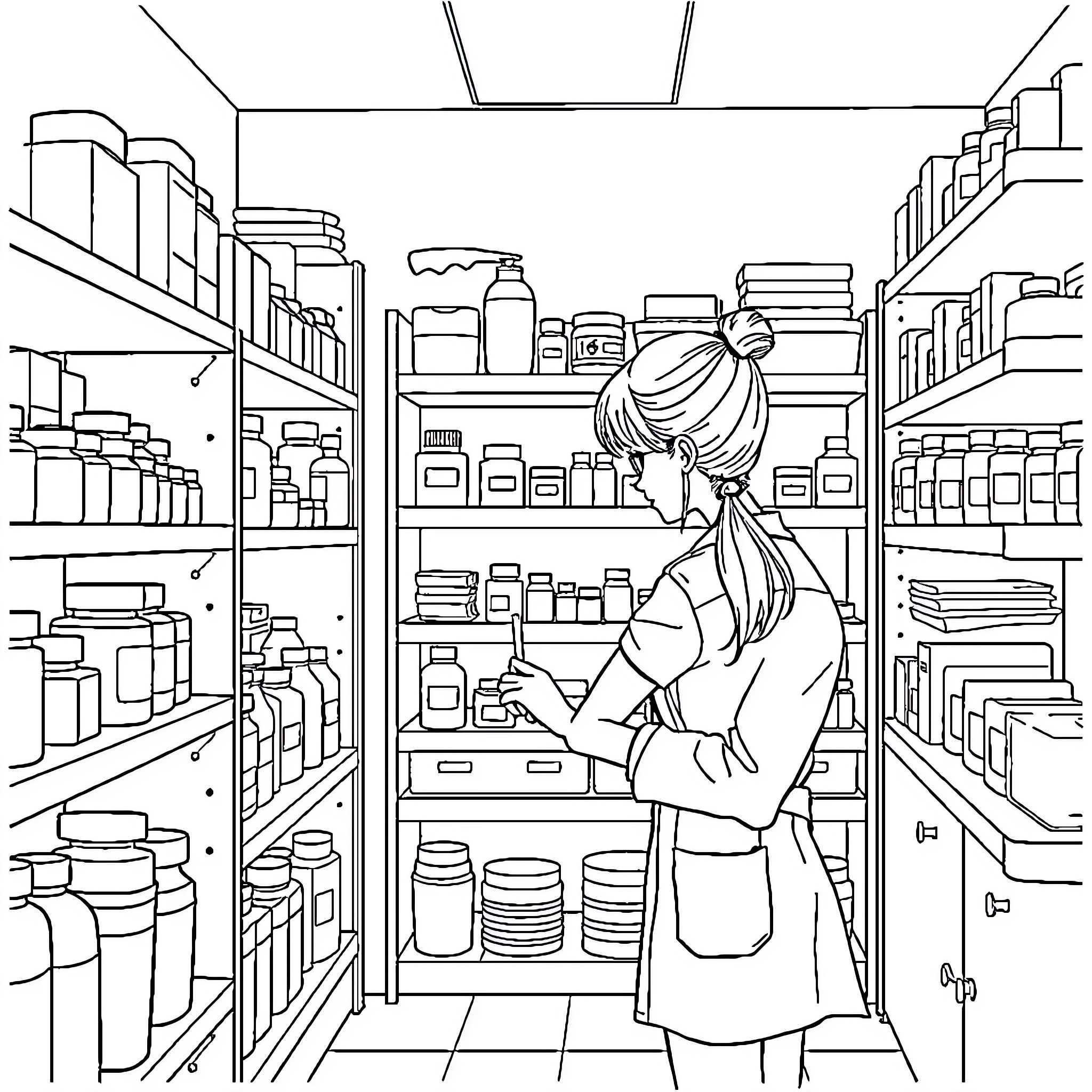Girl browsing product shelves in a store Coloring Page (free black-and-white line drawing printable PDF for all, from beginners to advanced learners, including children, teens, adults, and seniors)
