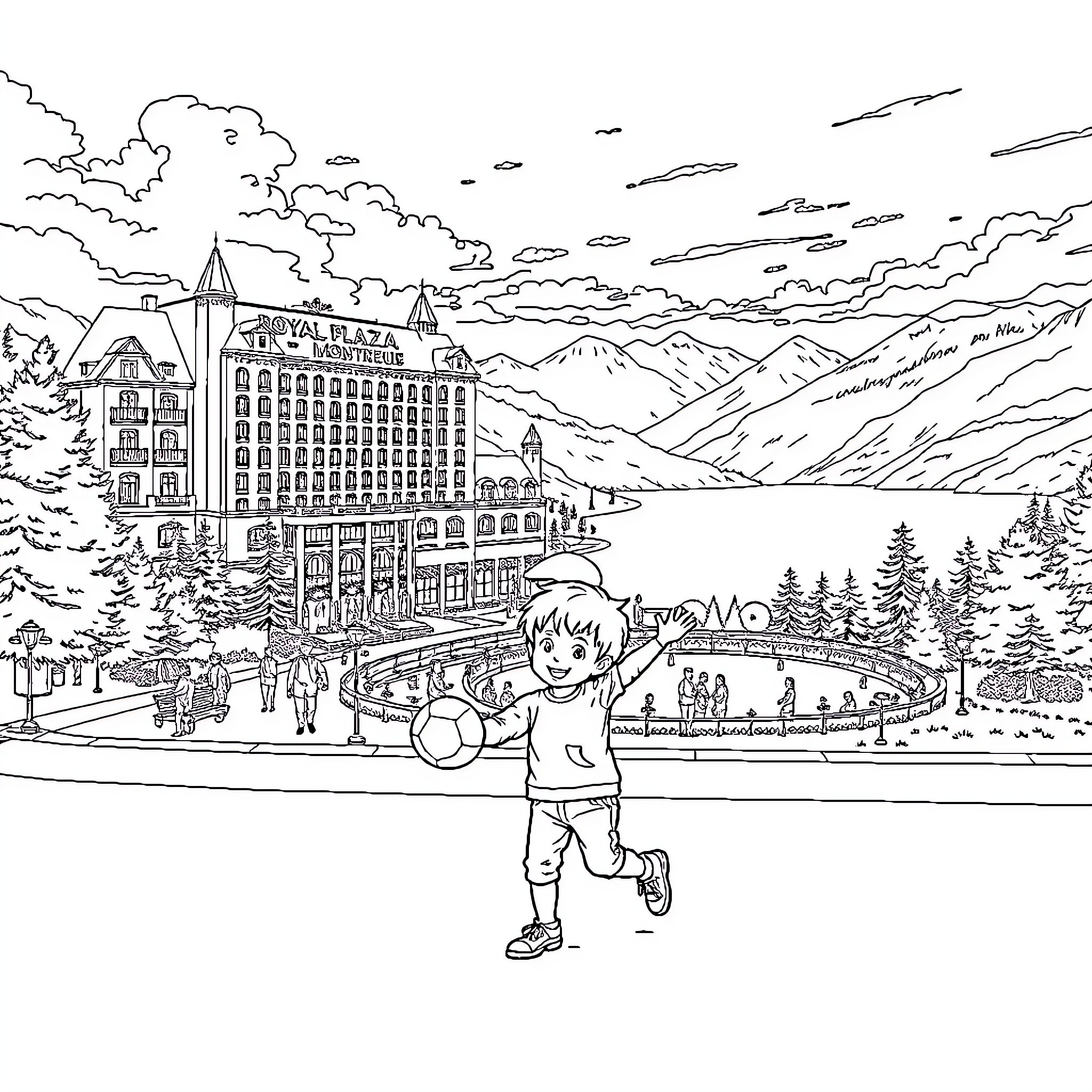 Child playing with ball in mountain town Coloring Page (free black-and-white line drawing printable PDF for all, from beginners to advanced learners, including children, teens, adults, and seniors)
