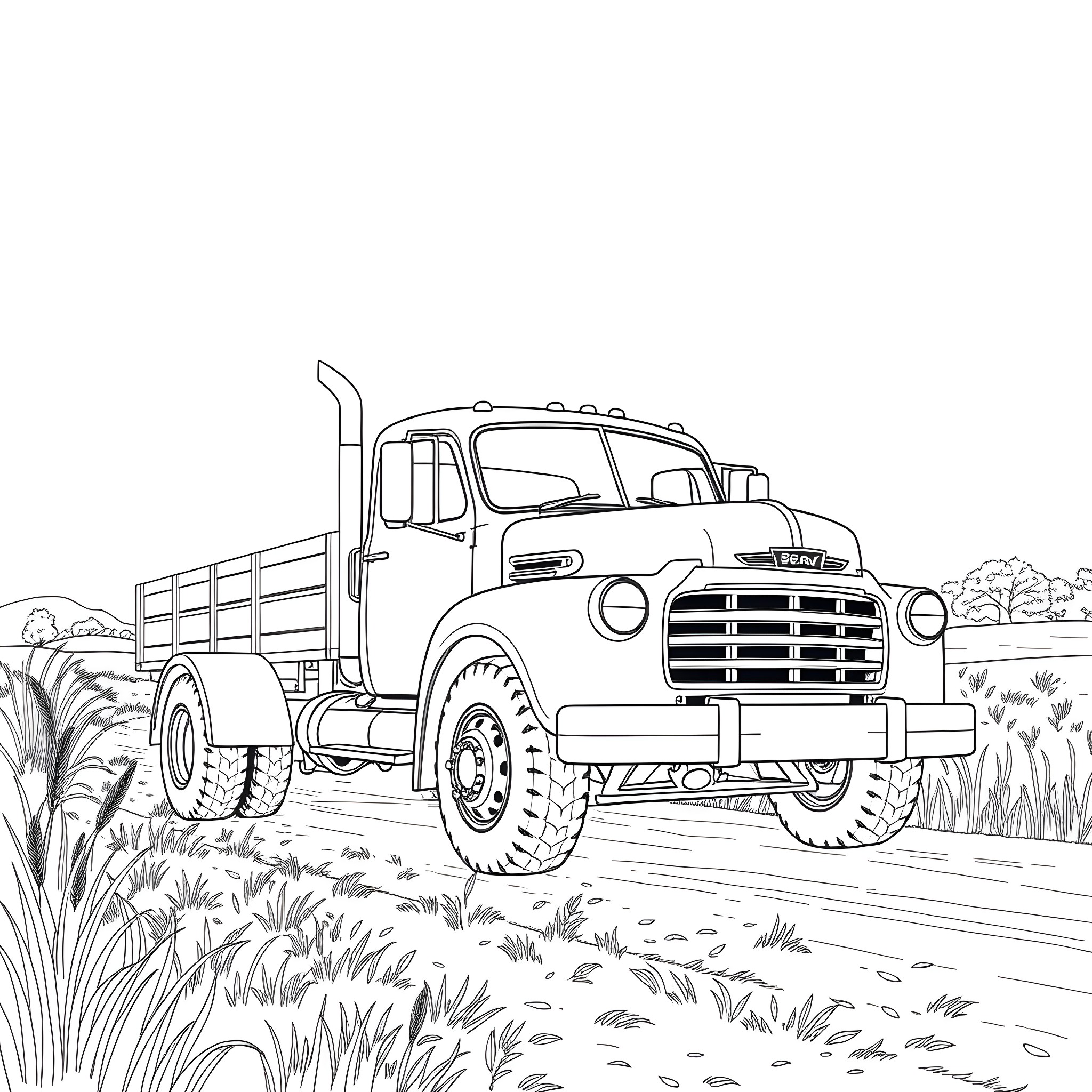 Truck hauling cargo through the countryside Coloring Page (free black-and-white line drawing printable PDF for all, from beginners to advanced learners, including children, teens, adults, and seniors)