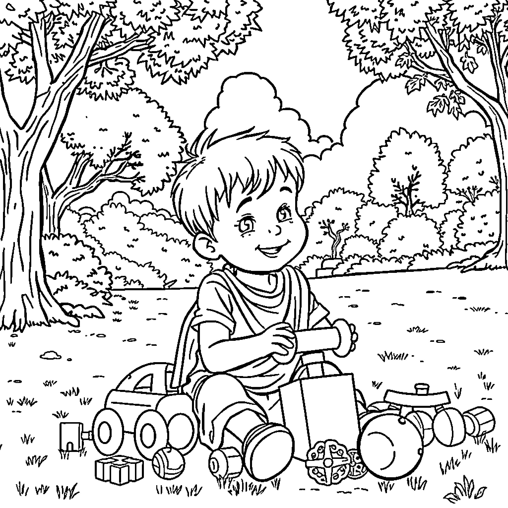 Boy playing with toy vehicles in the park Coloring Page (free black-and-white line drawing printable PDF for all, from beginners to advanced learners, including children, teens, adults, and seniors)