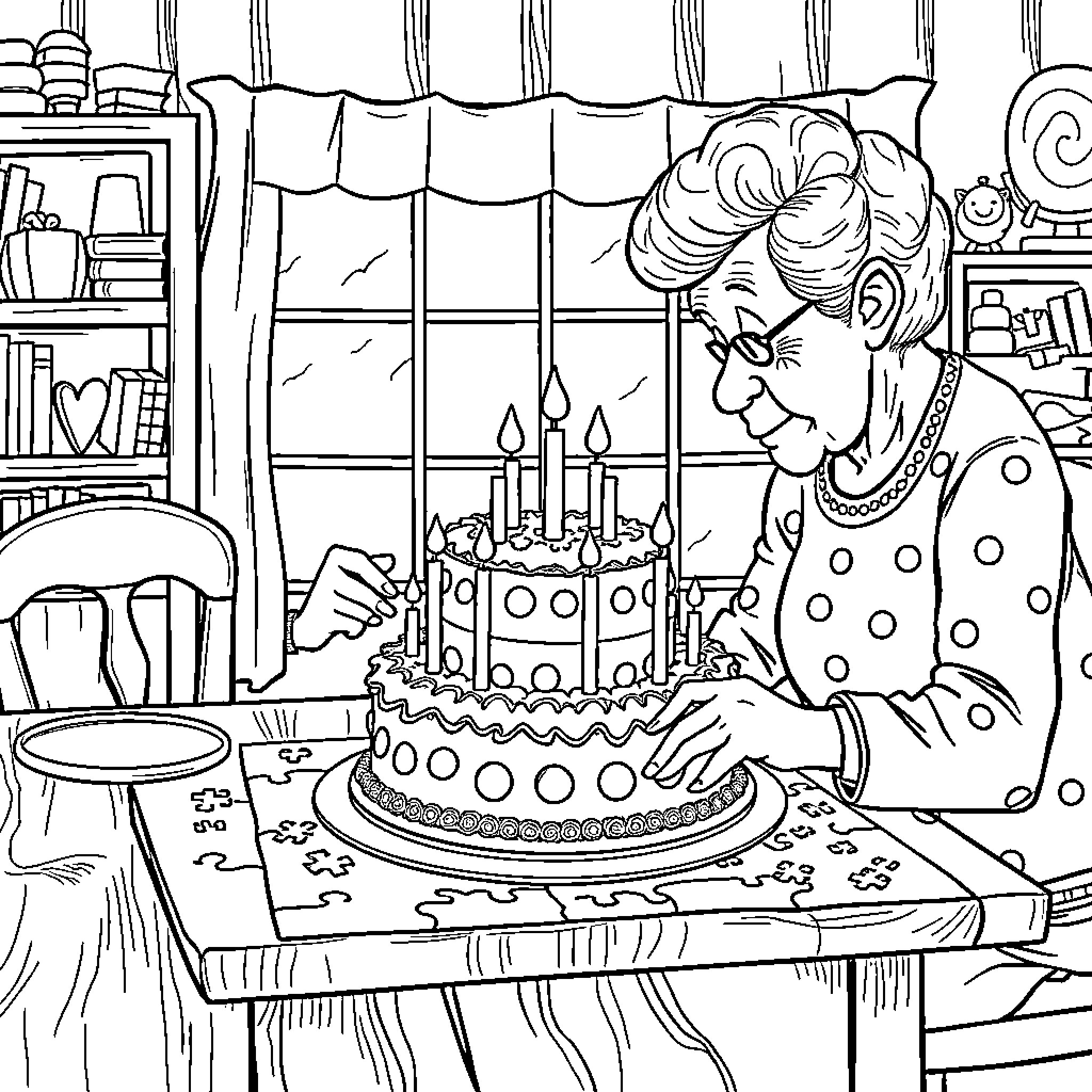 Grandma baking a special cake for her family Coloring Page (free black-and-white line drawing printable PDF for all, from beginners to advanced learners, including children, teens, adults, and seniors)