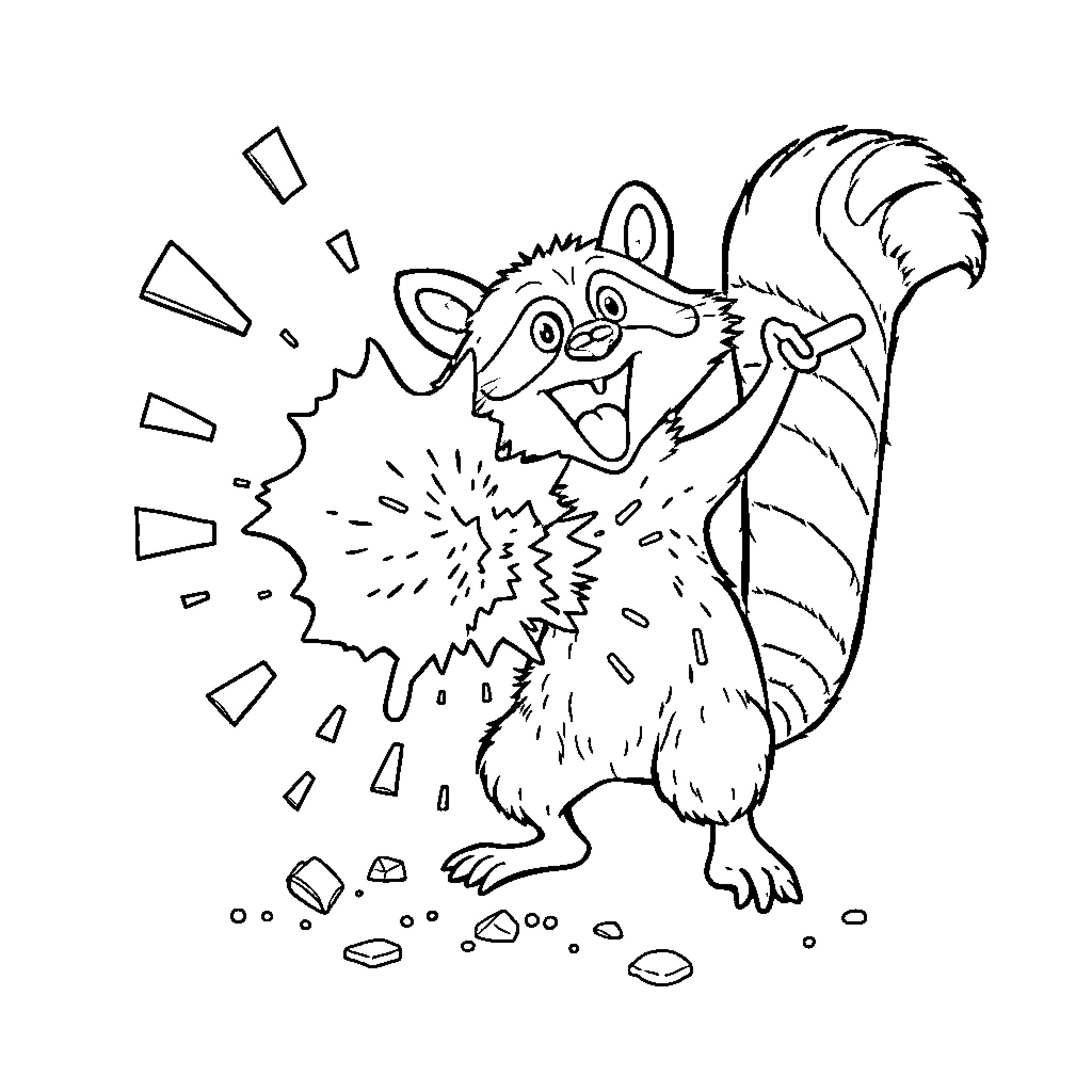 Mapache enjoying an adventurous day outdoors Coloring Page (free black-and-white line drawing printable PDF for all, from beginners to advanced learners, including children, teens, adults, and seniors)