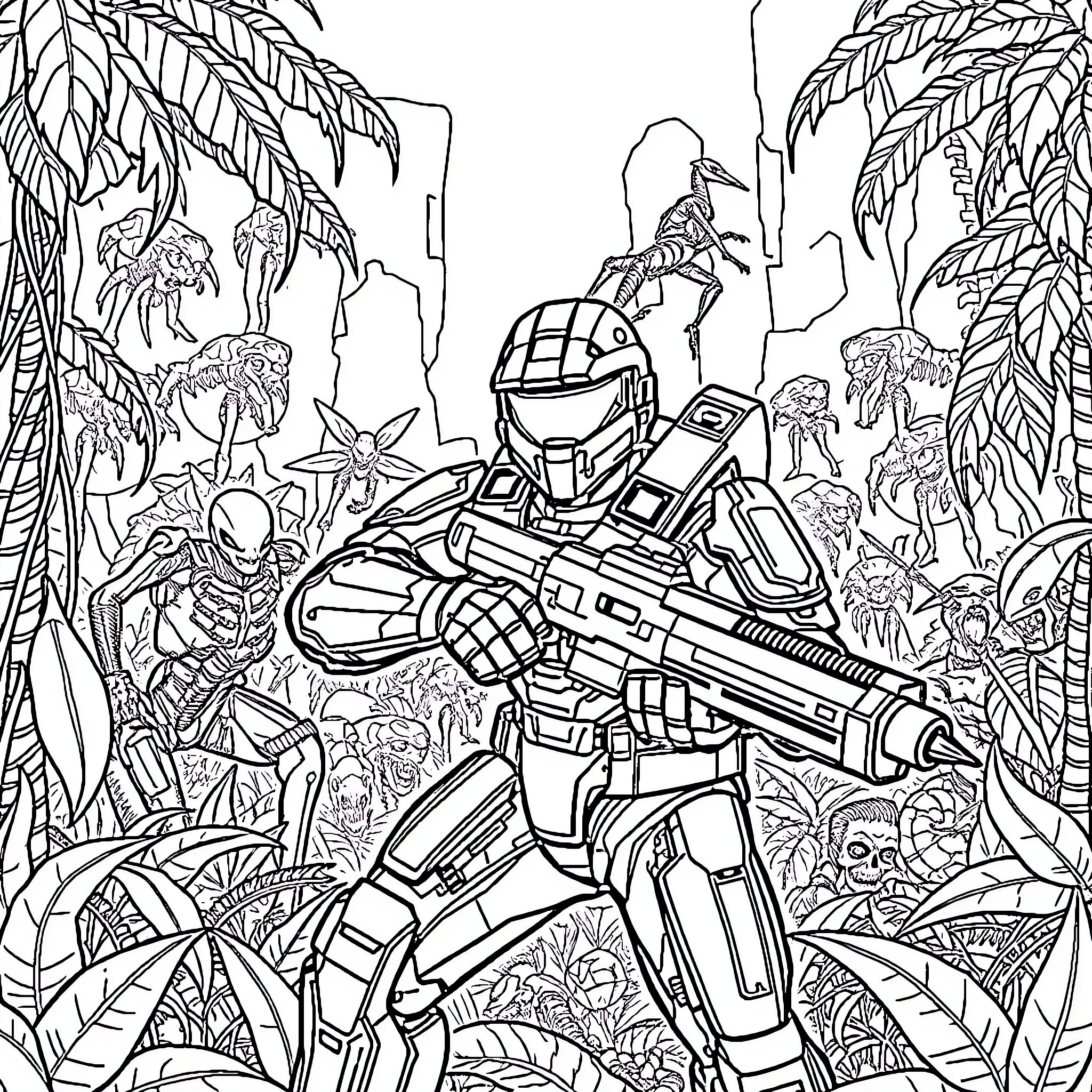 Master Chief battles through the alien jungle Coloring Page (free black-and-white line drawing printable PDF for all, from beginners to advanced learners, including children, teens, adults, and seniors)