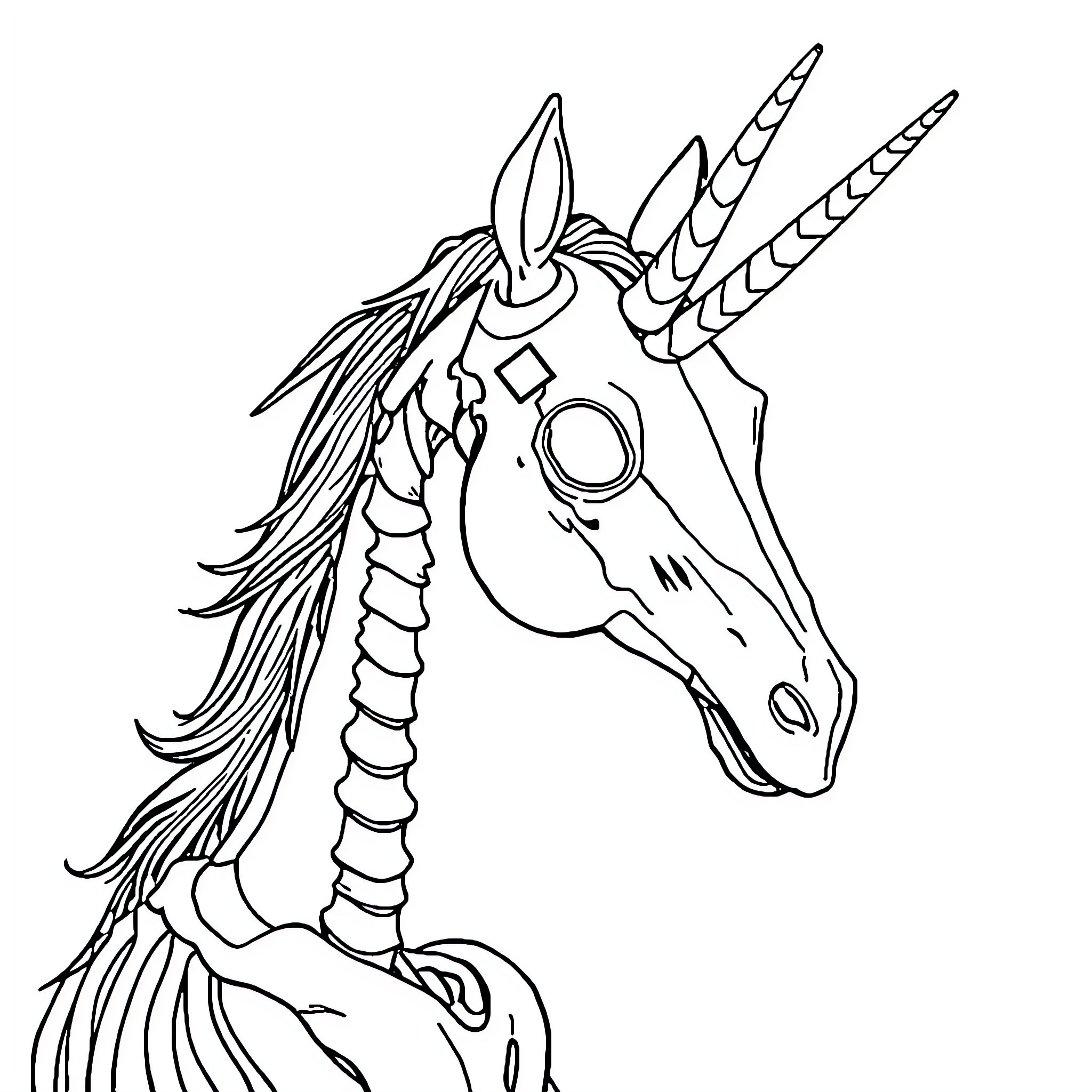 Skeleton Unicorn displaying mysterious symbols Coloring Page (free black-and-white line drawing printable PDF for all, from beginners to advanced learners, including children, teens, adults, and seniors)