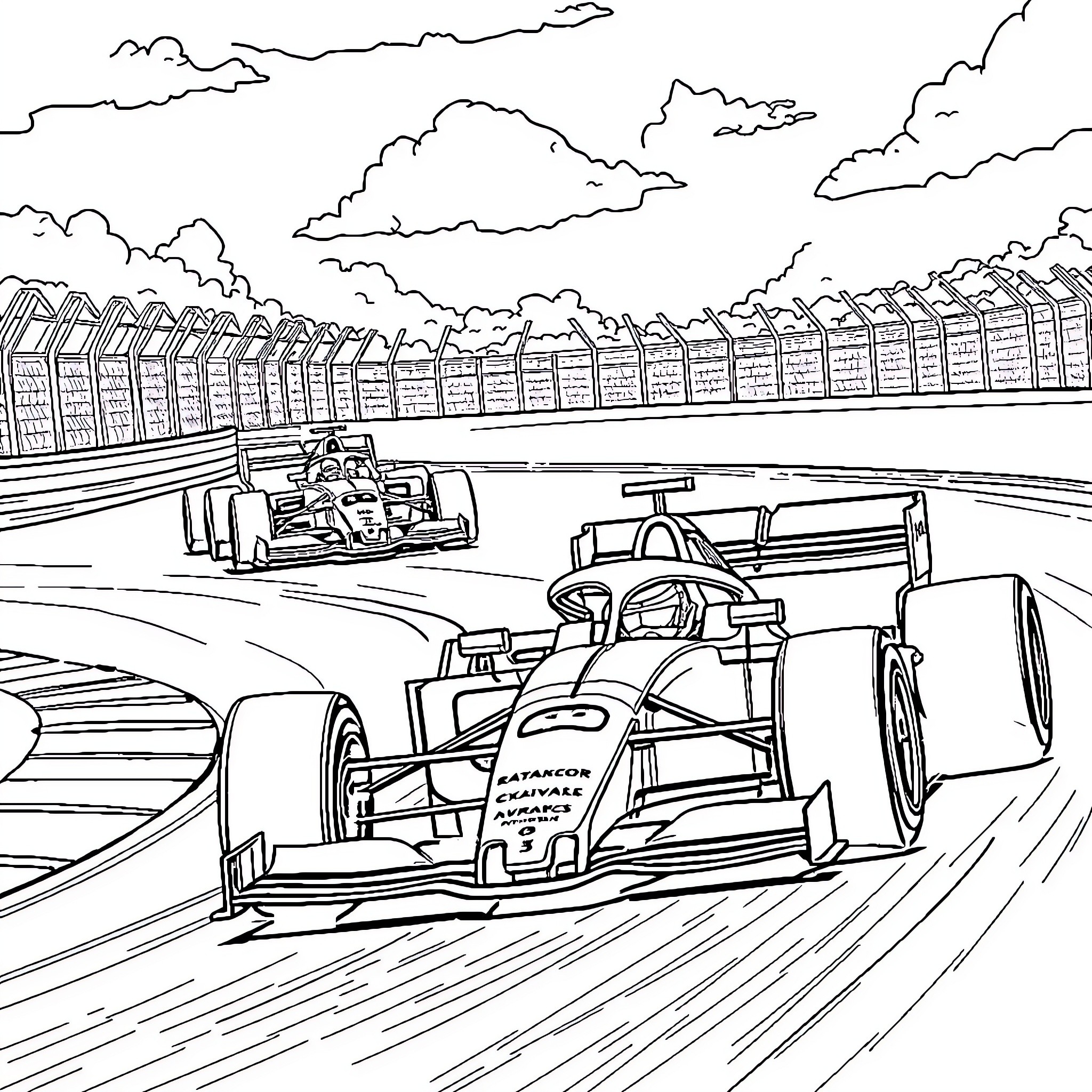 F1 Cars racing on the circuit track Coloring Page (free black-and-white line drawing printable PDF for all, from beginners to advanced learners, including children, teens, adults, and seniors)