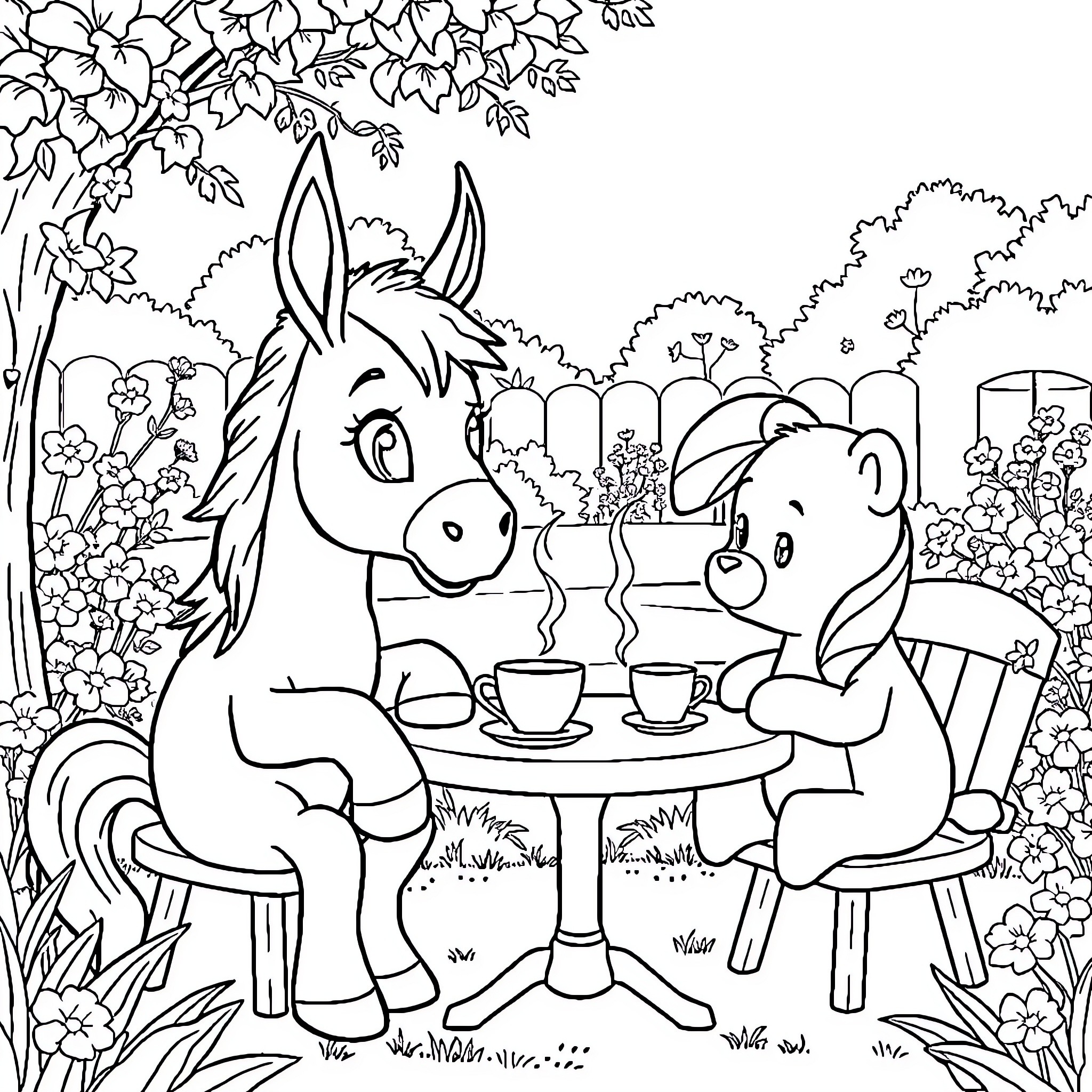 Trotro and friend having a picnic in the garden Coloring Page (free black-and-white line drawing printable PDF for all, from beginners to advanced learners, including children, teens, adults, and seniors)