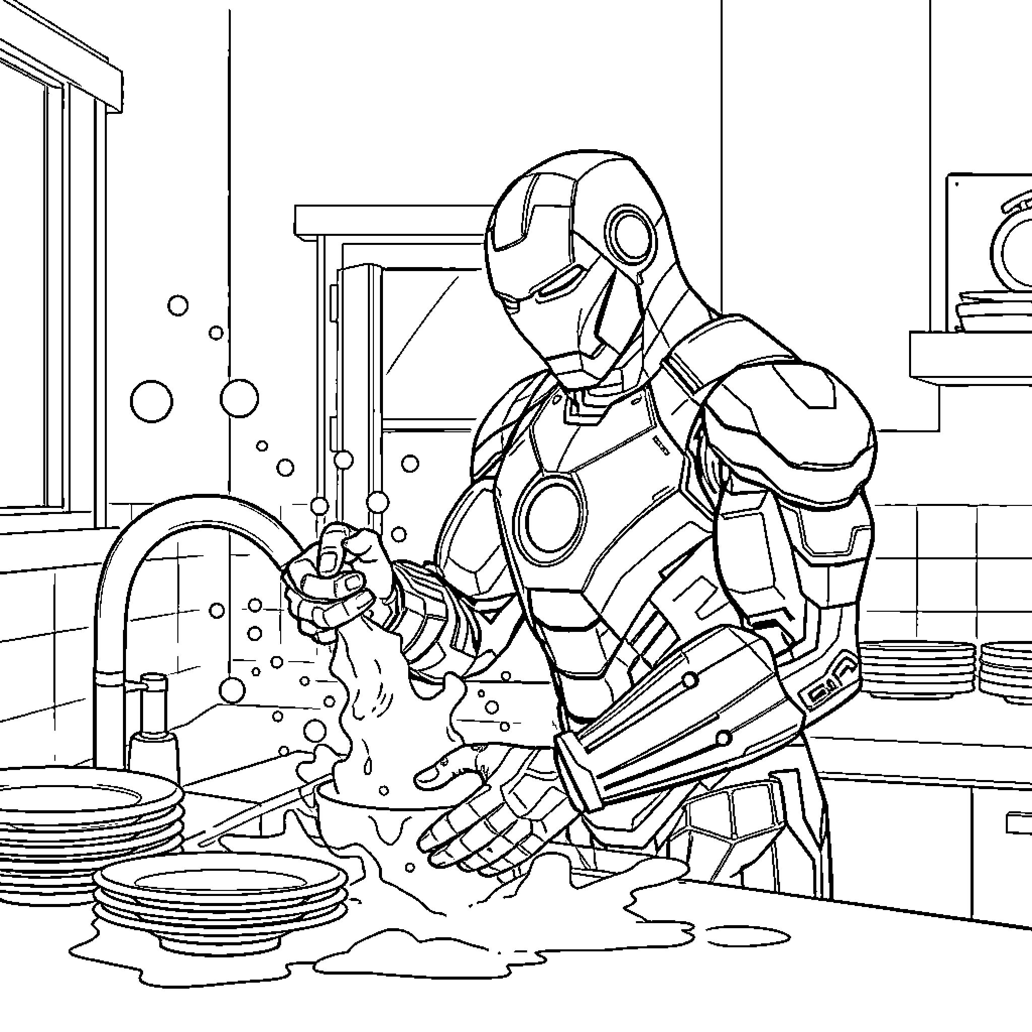 Ironman washing dishes in the kitchen Coloring Page (free black-and-white line drawing printable PDF for all, from beginners to advanced learners, including children, teens, adults, and seniors)
