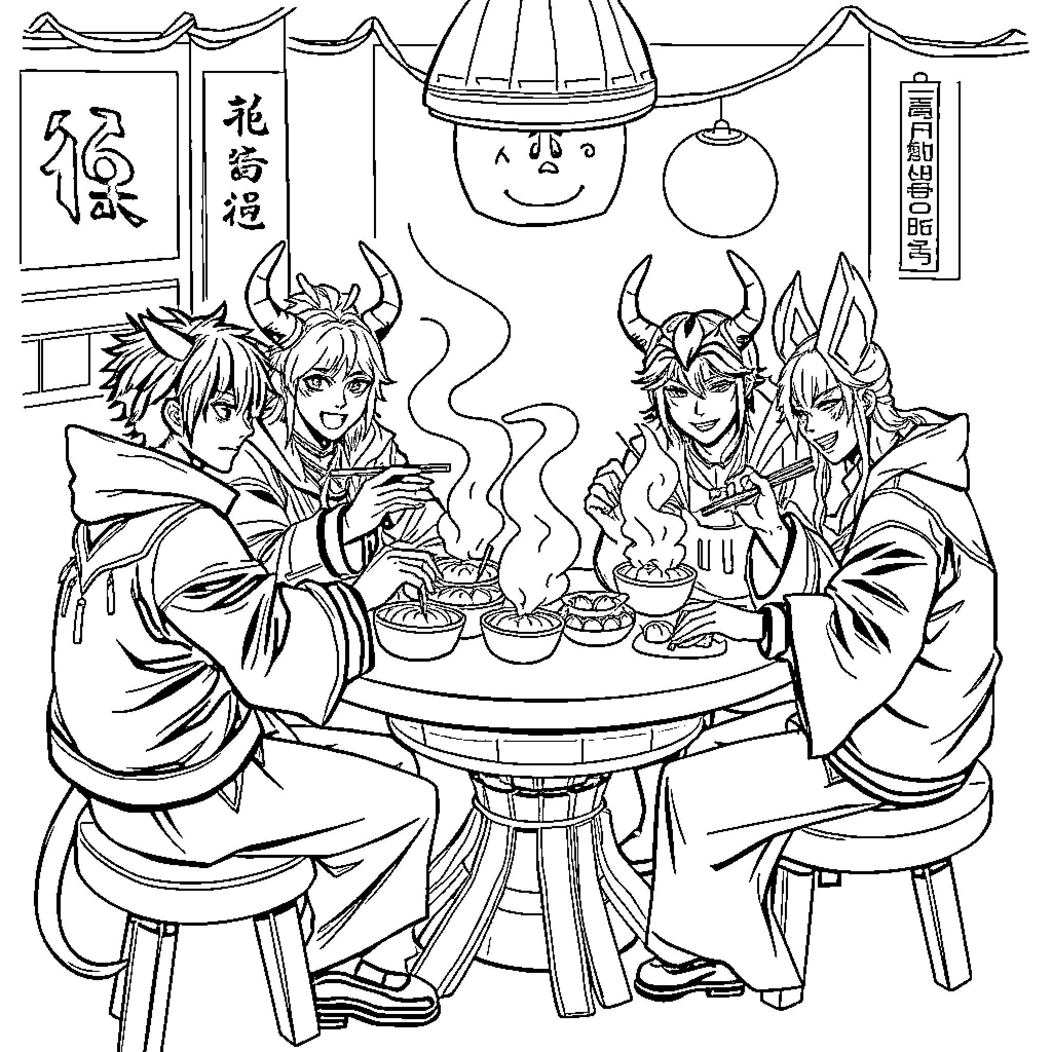 Demon Hunters Enjoying a Meal Together Coloring Page (free black-and-white line drawing printable PDF for all, from beginners to advanced learners, including children, teens, adults, and seniors)