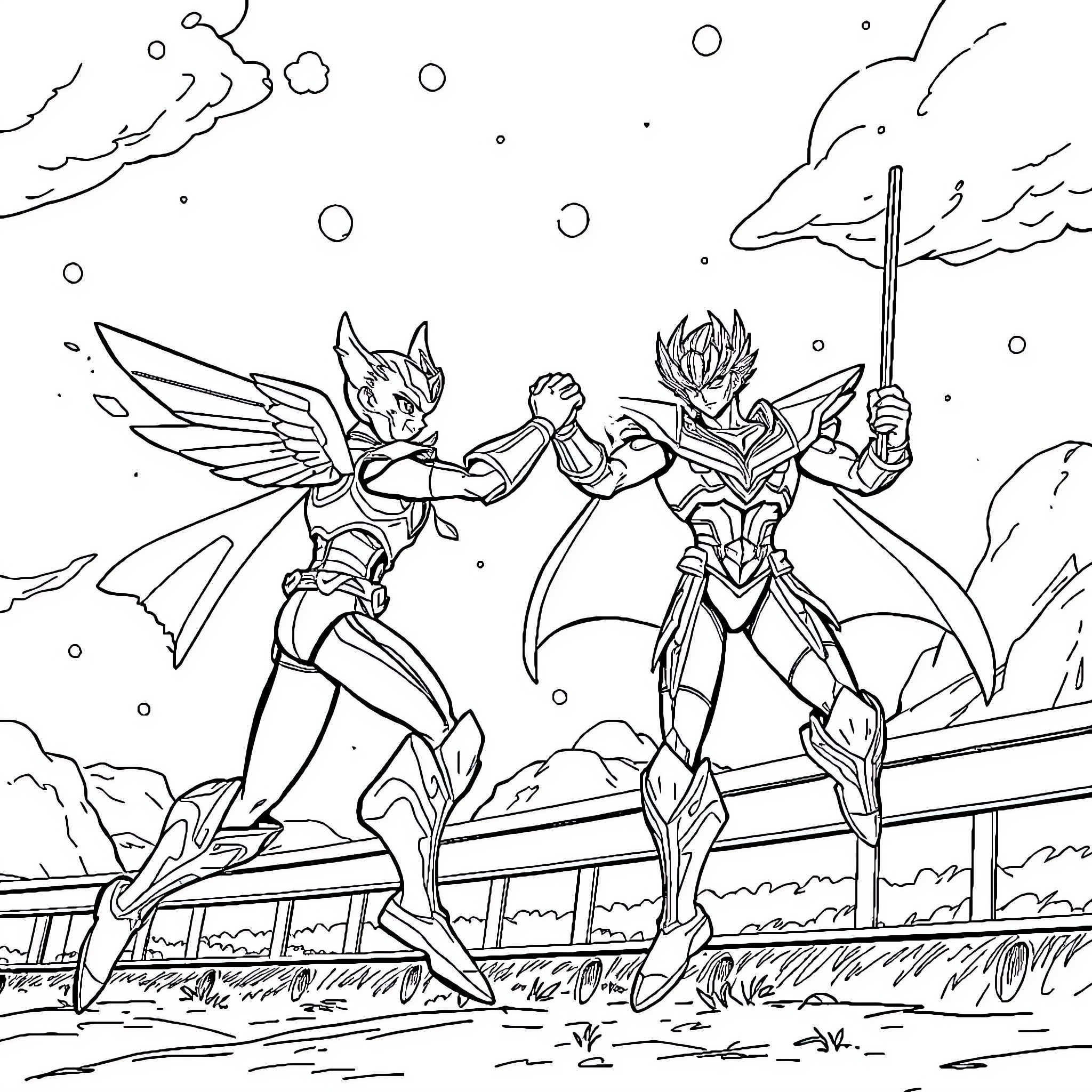 Chase of the Heroic Warriors in Action Coloring Page (free black-and-white line drawing printable PDF for all, from beginners to advanced learners, including children, teens, adults, and seniors)