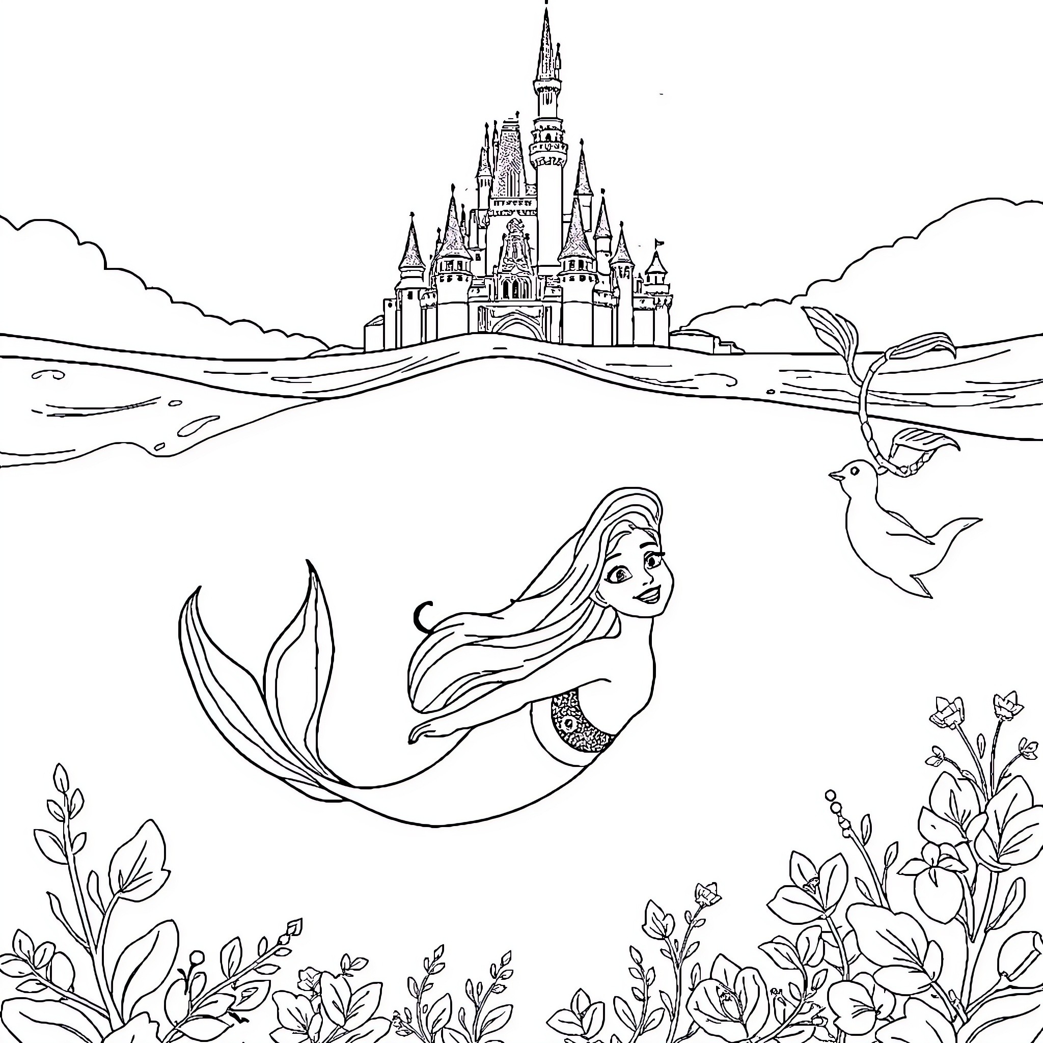Ariel explores the enchanting undersea world Coloring Page (free black-and-white line drawing printable PDF for all, from beginners to advanced learners, including children, teens, adults, and seniors)