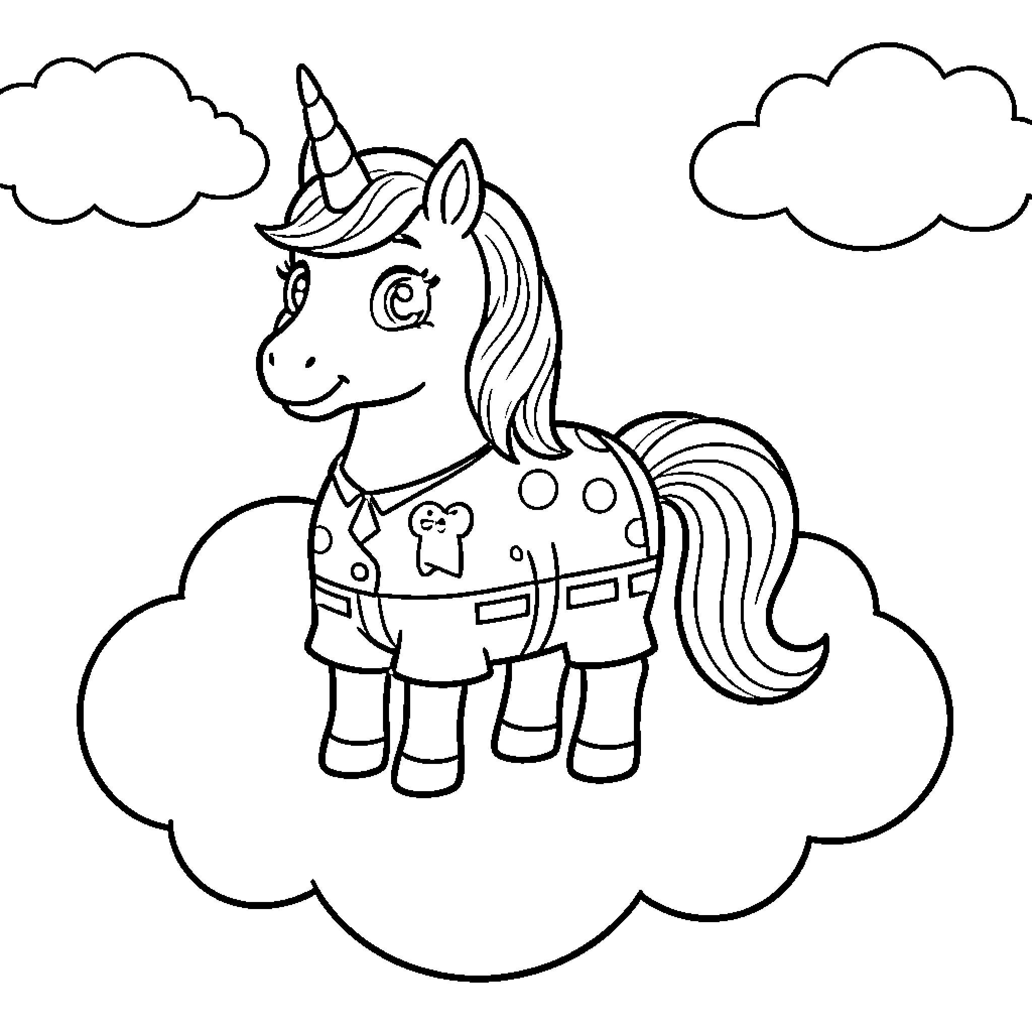 Licorne in whimsical outfit on a cloud Coloring Page (free black-and-white line drawing printable PDF for all, from beginners to advanced learners, including children, teens, adults, and seniors)