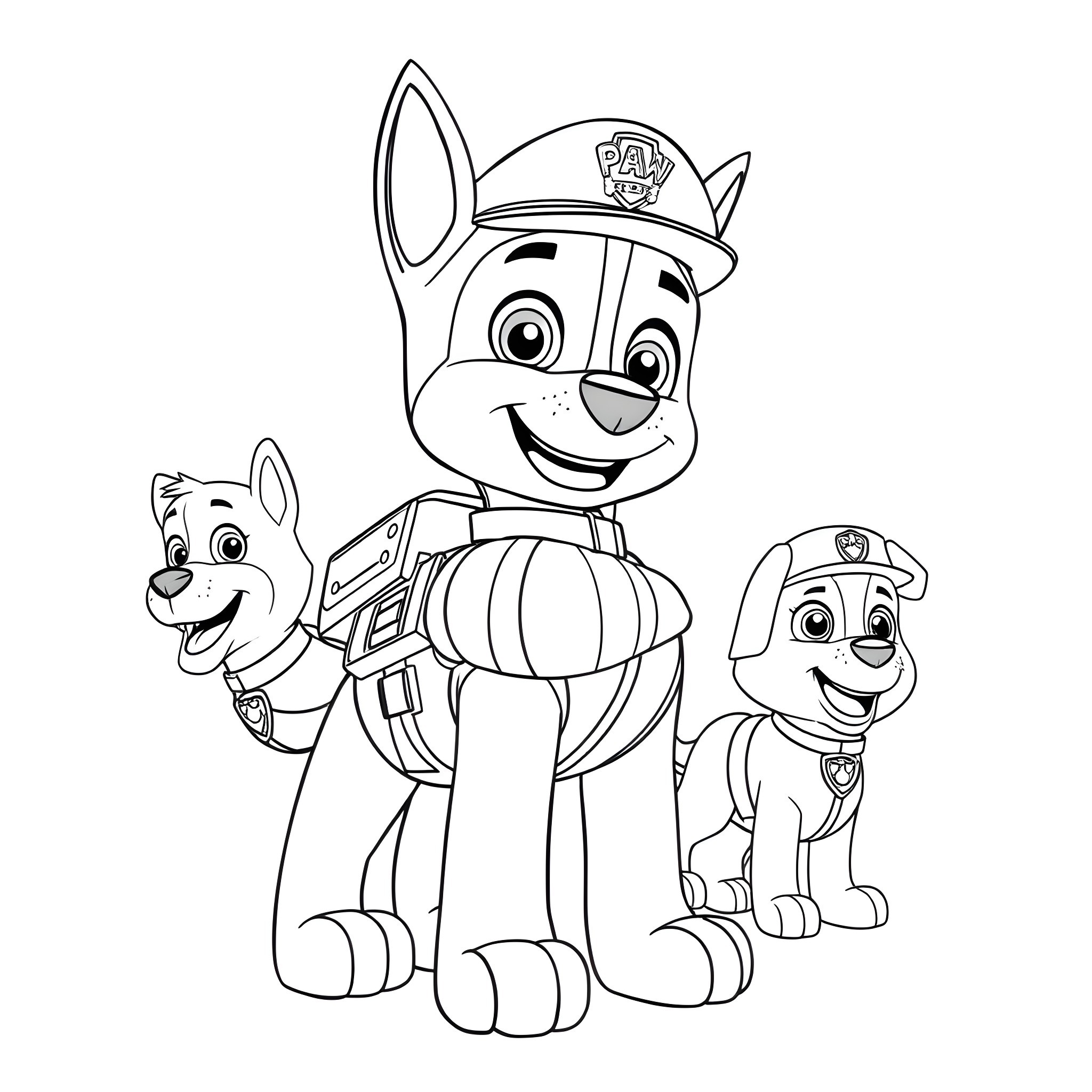 Chase the Paw Patrol Puppy Rescuers Coloring Page (free black-and-white line drawing printable PDF for all, from beginners to advanced learners, including children, teens, adults, and seniors)