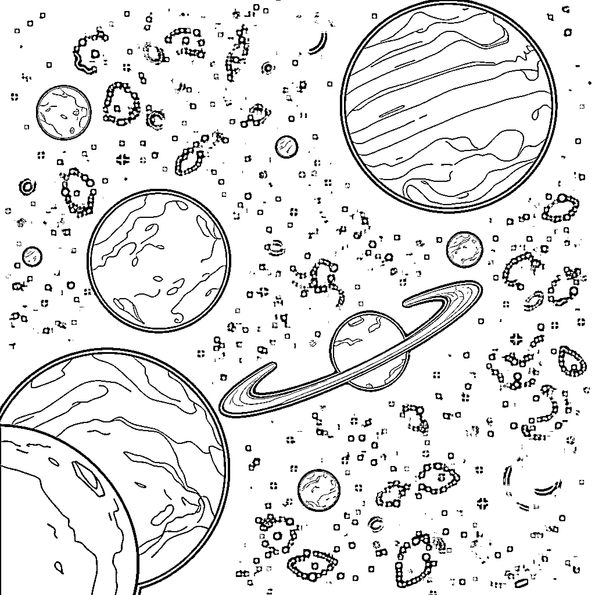 Planet Exploration in the Cosmic Expanse Coloring Page (free black-and-white line drawing printable PDF for all, from beginners to advanced learners, including children, teens, adults, and seniors)