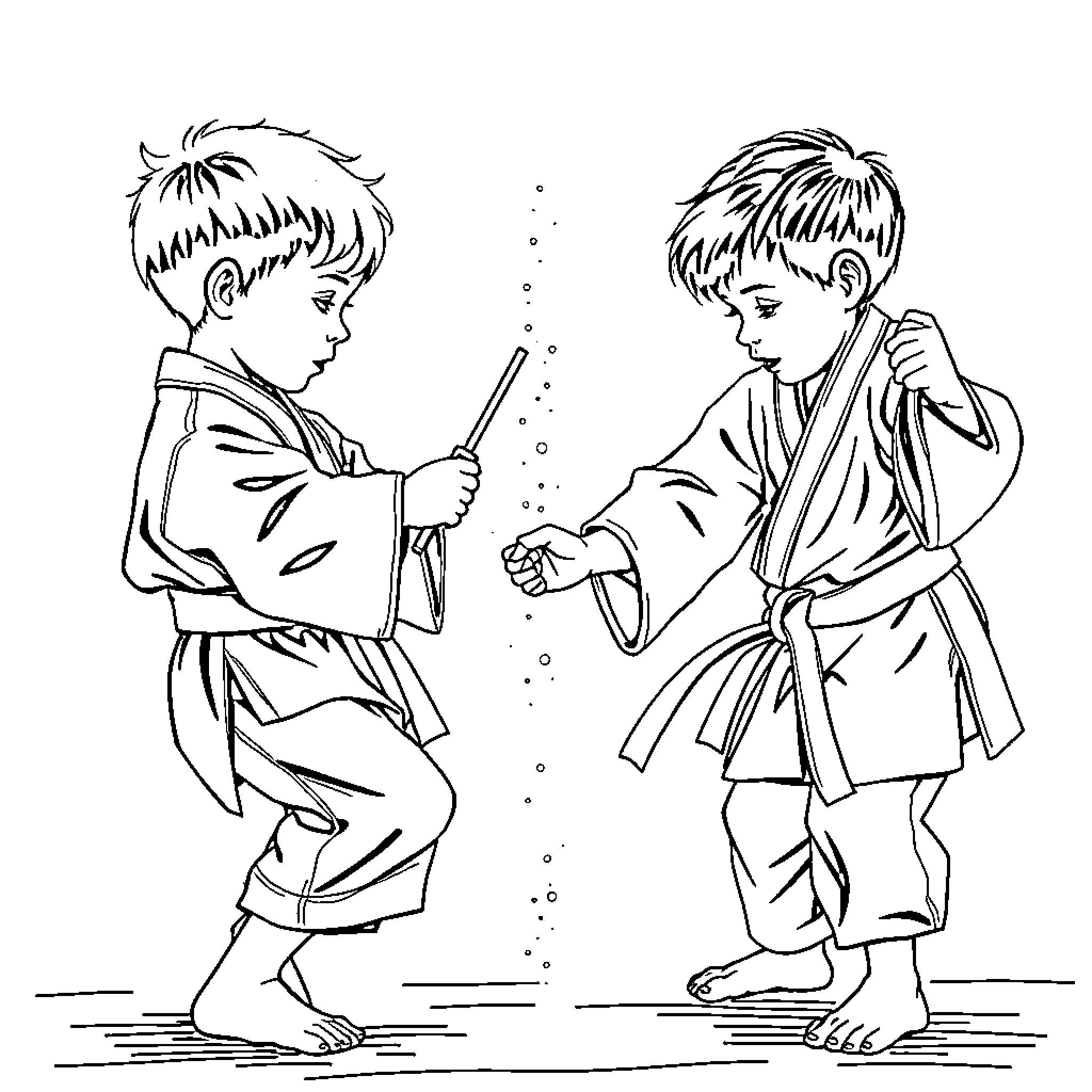 Niños practicing martial arts together Coloring Page (free black-and-white line drawing printable PDF for all, from beginners to advanced learners, including children, teens, adults, and seniors)