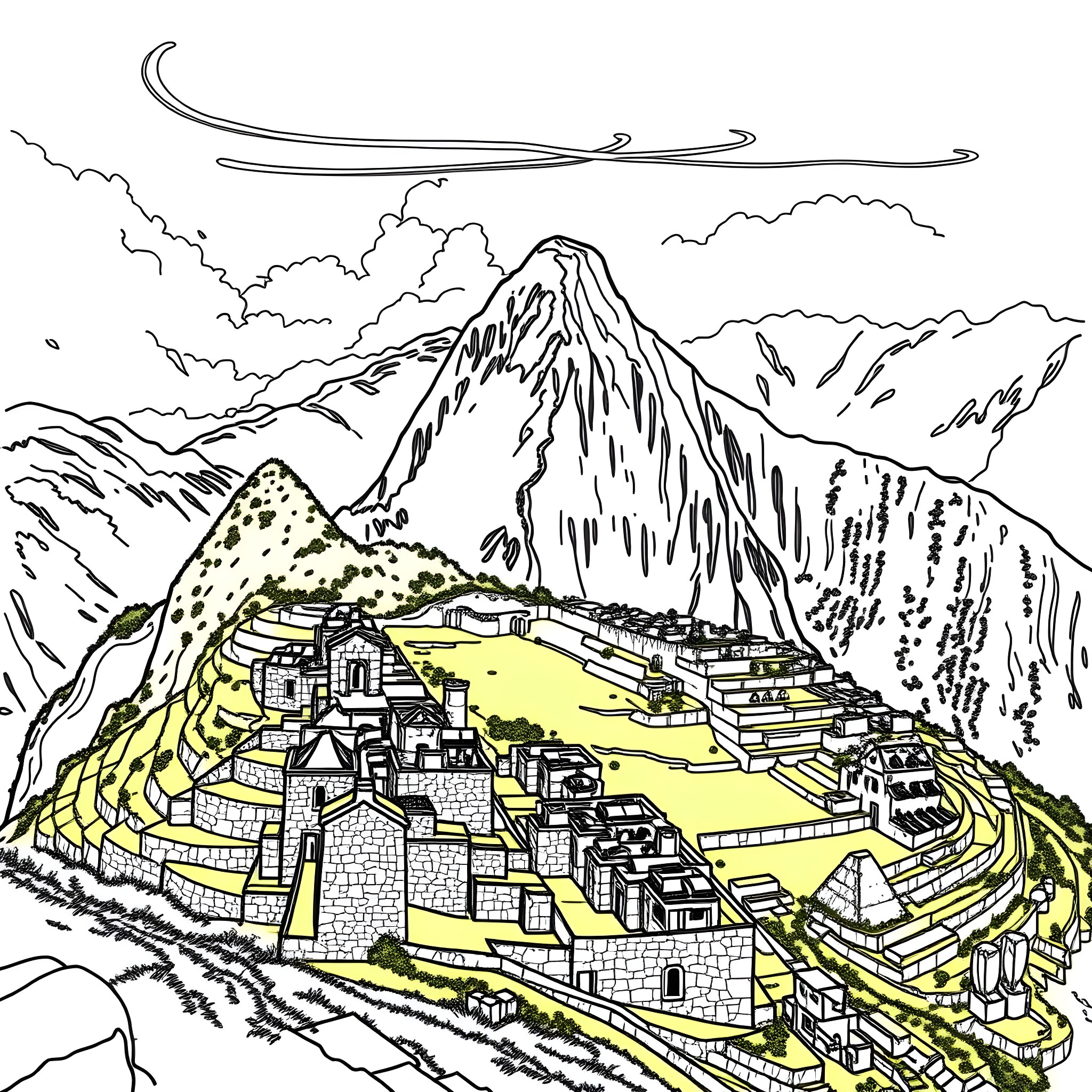 Machu Picchu ruins against dramatic mountain landscape Coloring Page (free black-and-white line drawing printable PDF for all, from beginners to advanced learners, including children, teens, adults, and seniors)